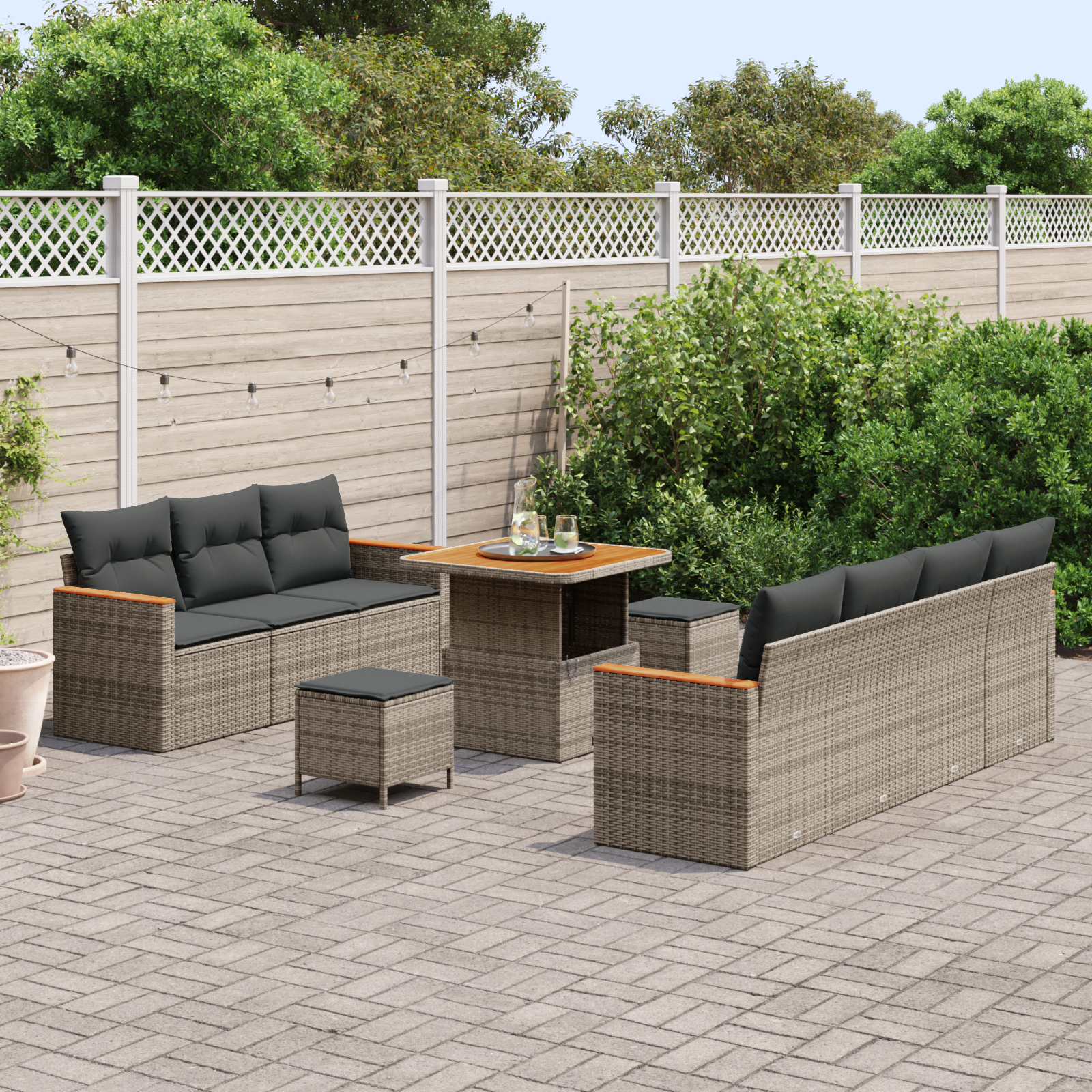 vidaXL 10-delige Tuinbankenset met kussens poly rattan acacia grijs