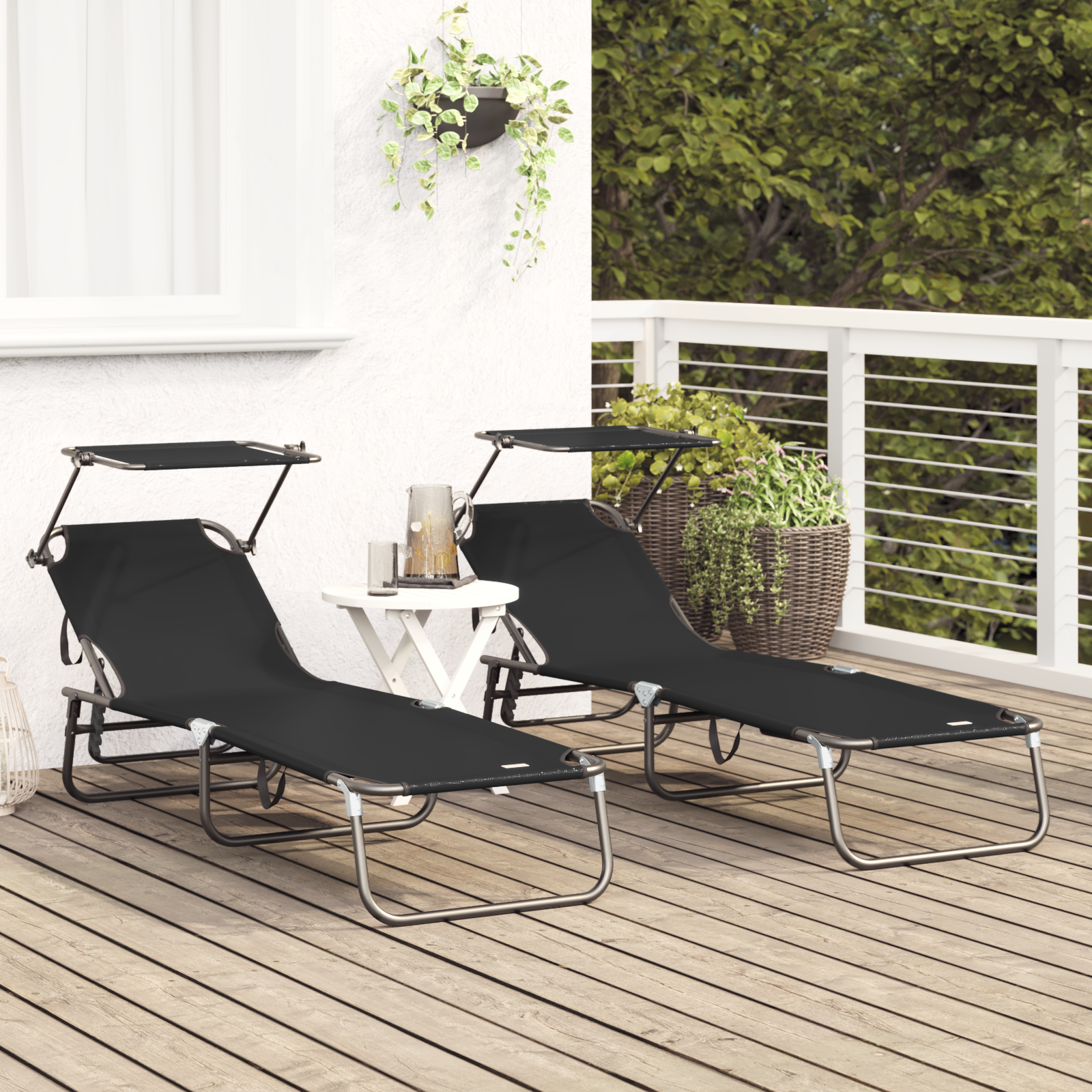 vidaXL Vouwbare Ligbedden 2 stuks met Luifel Zwart 600D Oxford Stof