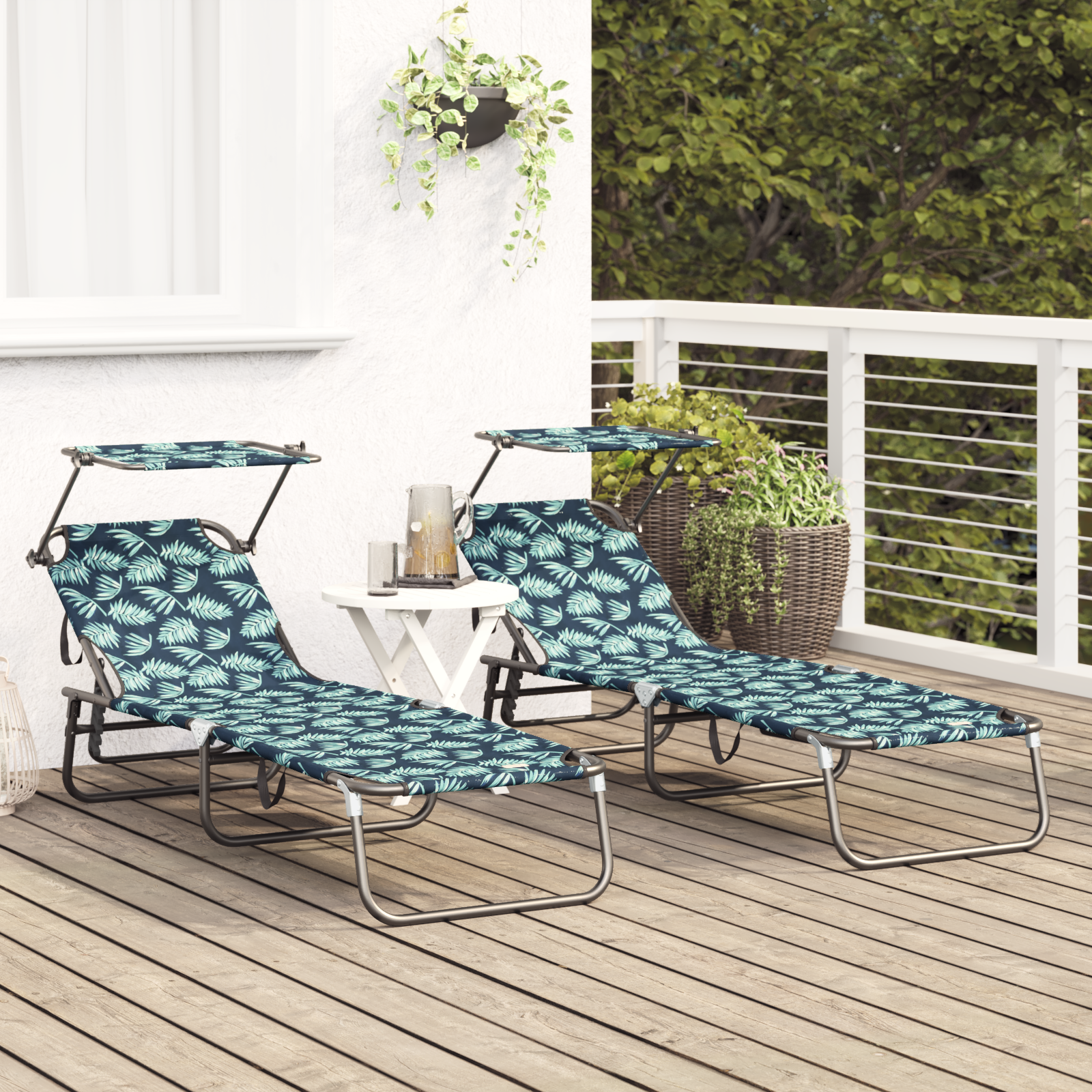 vidaXL Vouwbare Ligbedden 2 stuks met Luifel Bladerenprint 600D Oxford Stof