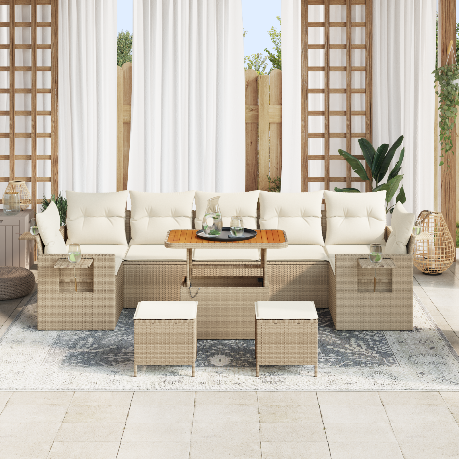 vidaXL 10-delige tuinset met kussens Beige Poly Rattan Acacia