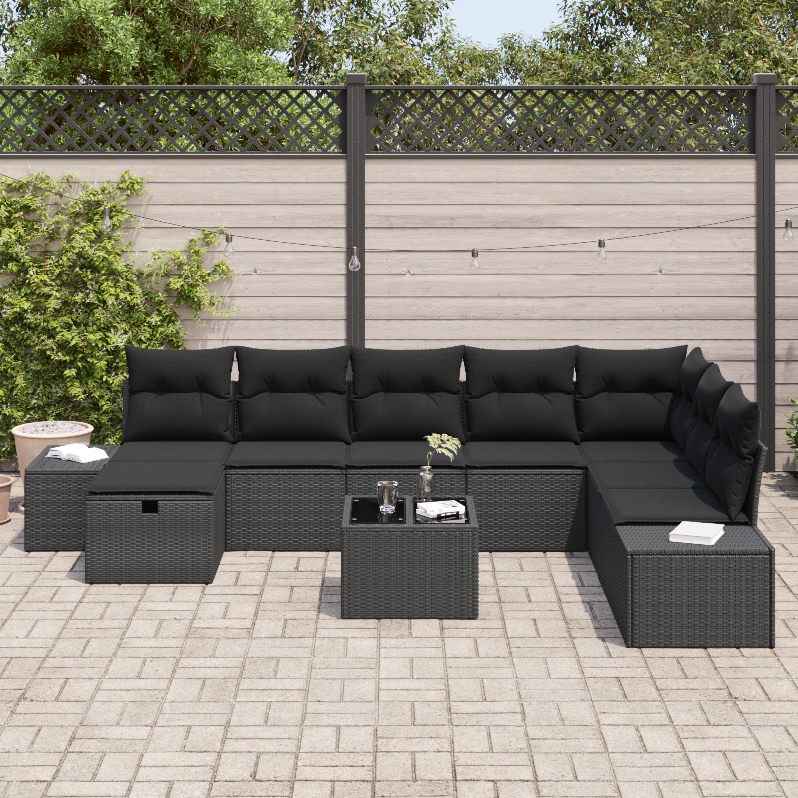 vidaXL 9-delige Tuinbankenset met kussens poly rattan zwart
