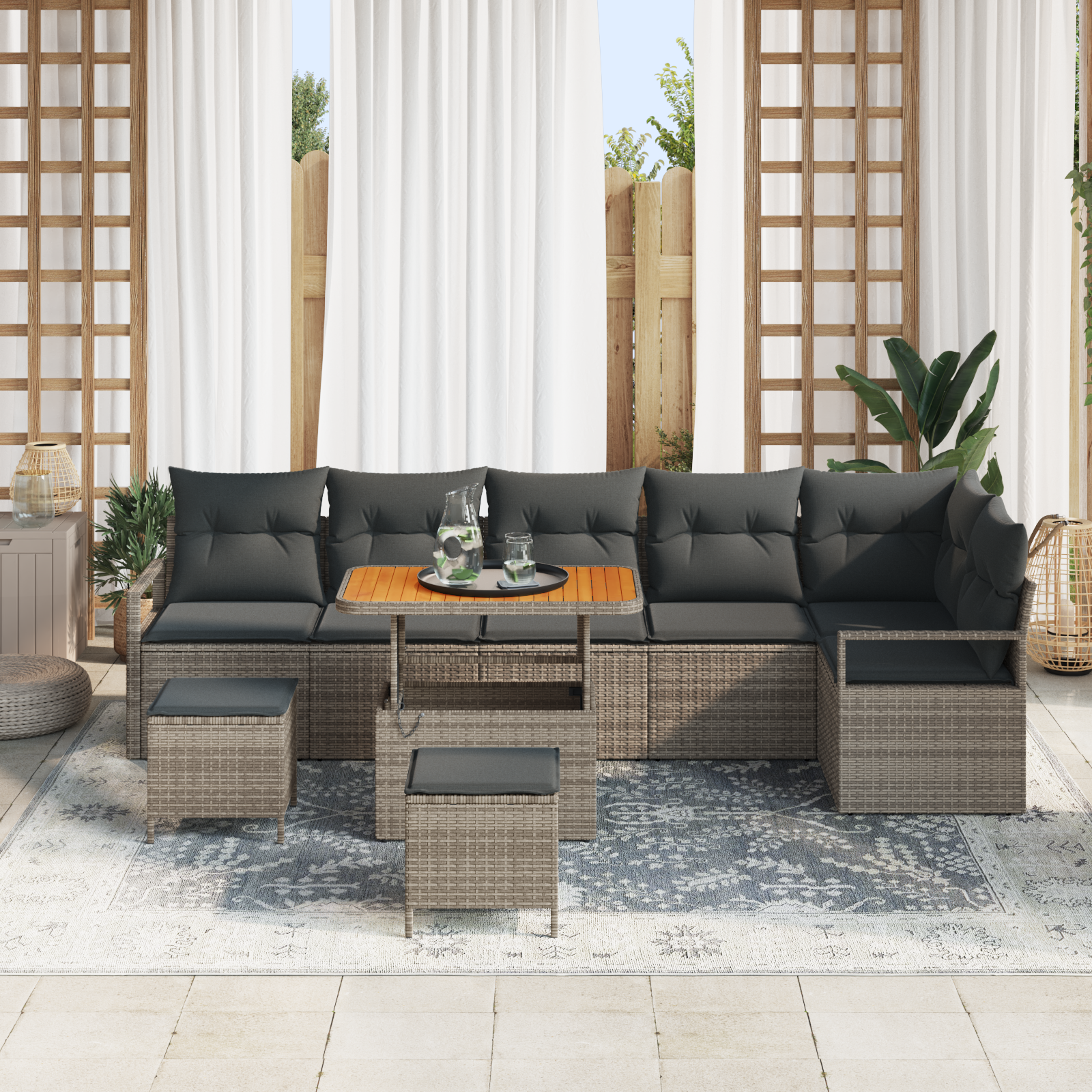 vidaXL 9-delige tuinset met kussens - Grijs Poly Rattan en Acacia