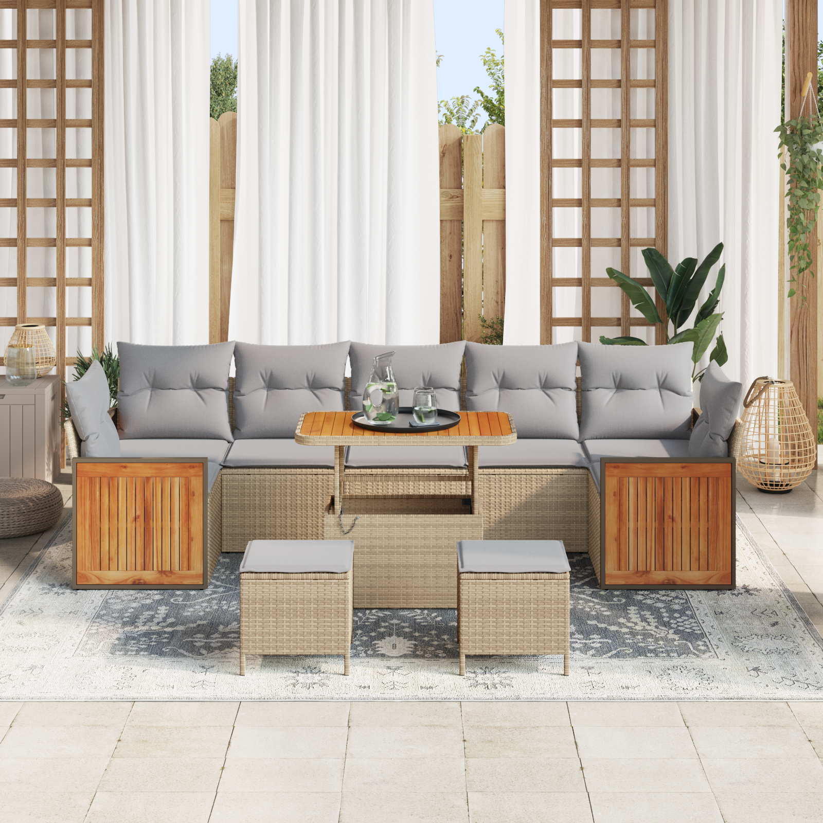 vidaXL 10-delige tuinbankset met kussens in beige van poly rattan en acacia