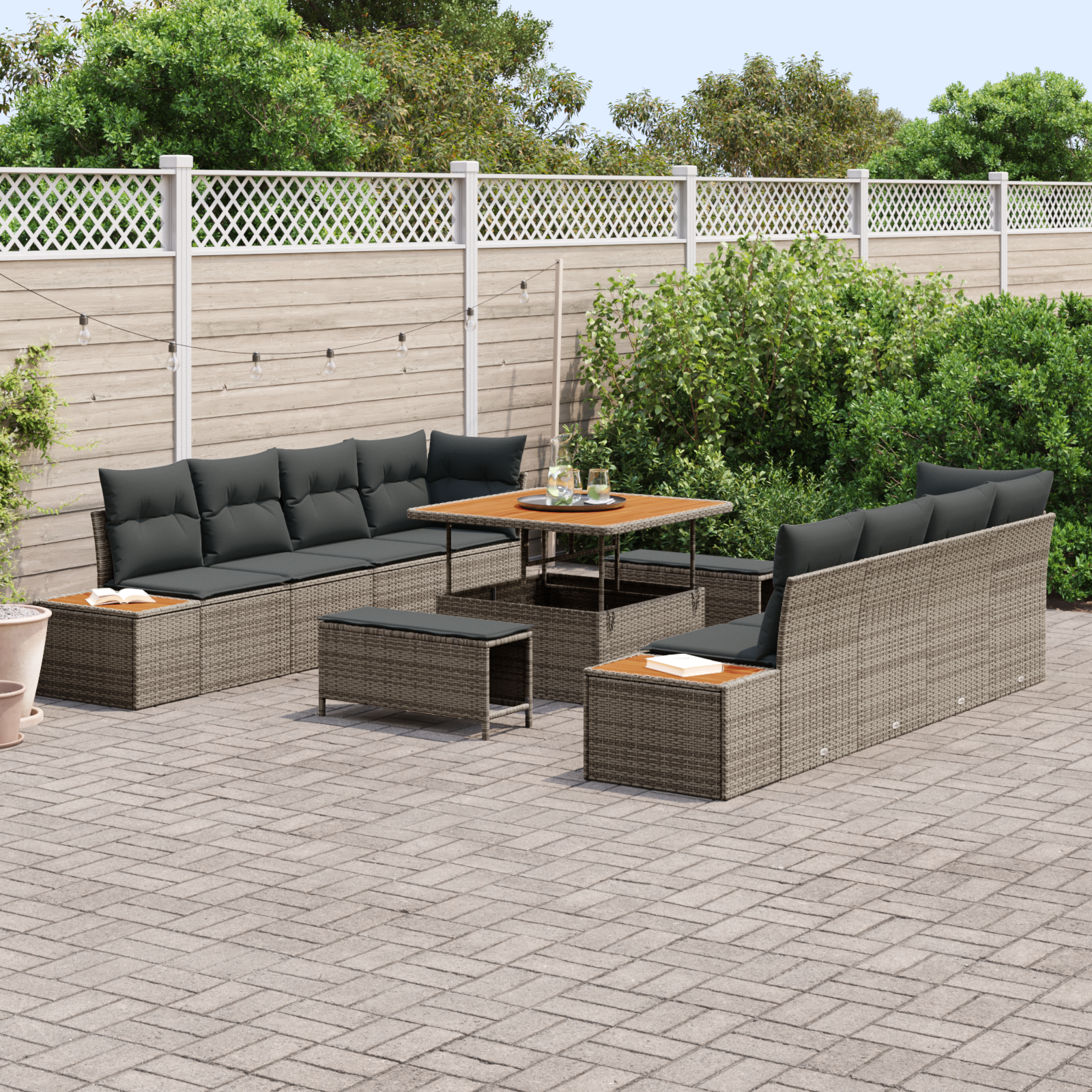 vidaXL 11-delige Tuinbankenset met kussens poly rattan acacia grijs