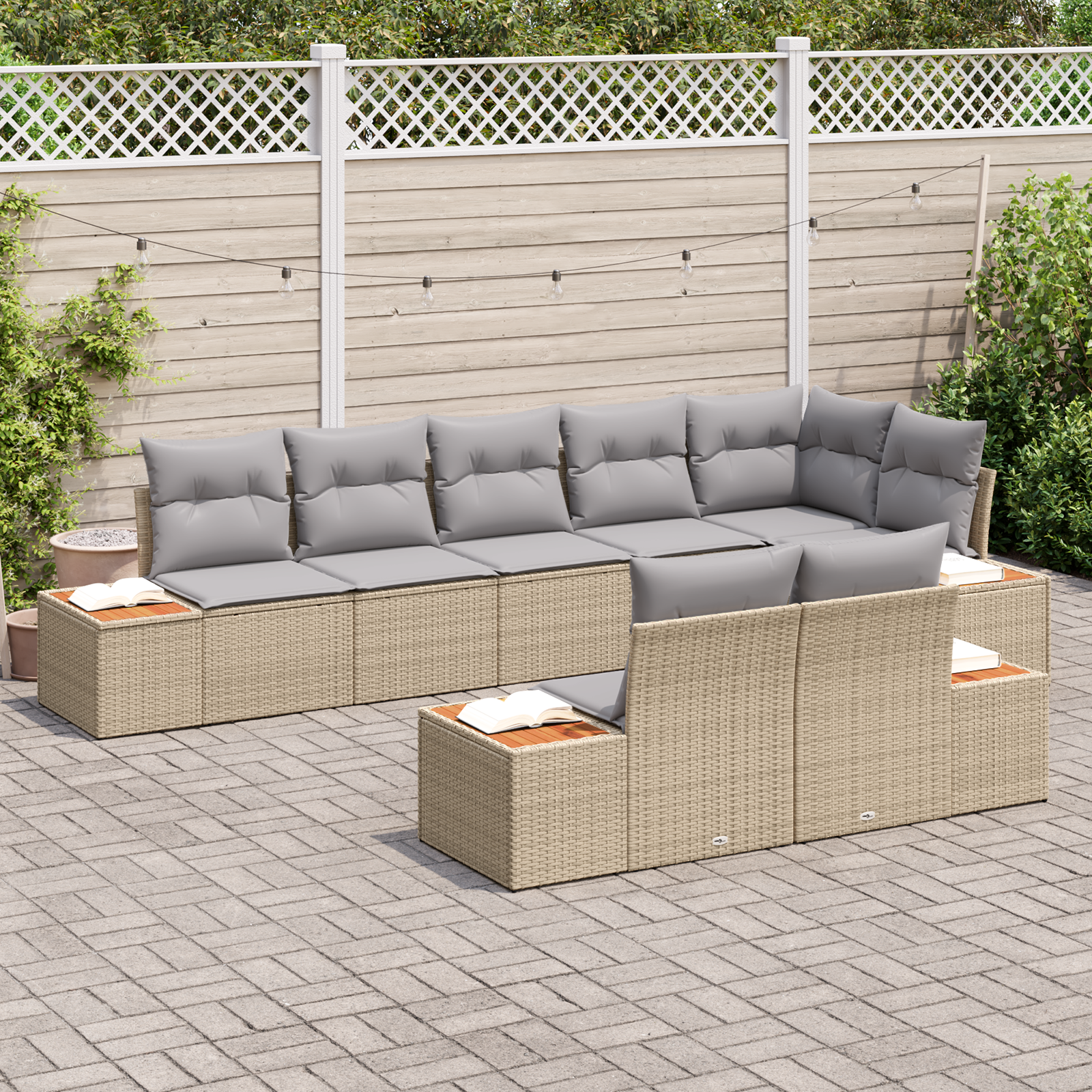 vidaXL 8-delige tuinset met kussens in beige poly rattan en acacia