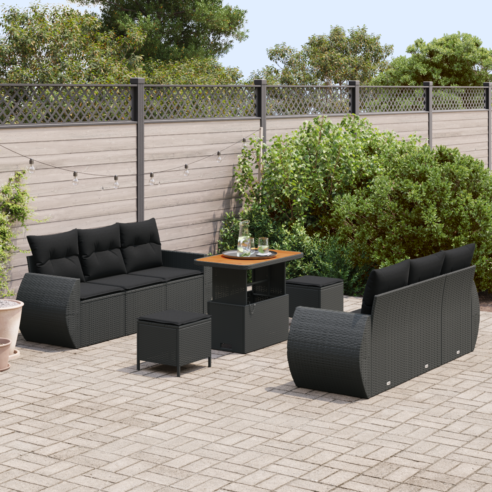 vidaXL 9-delige tuinbankset met kussens zwart poly rattan acacia