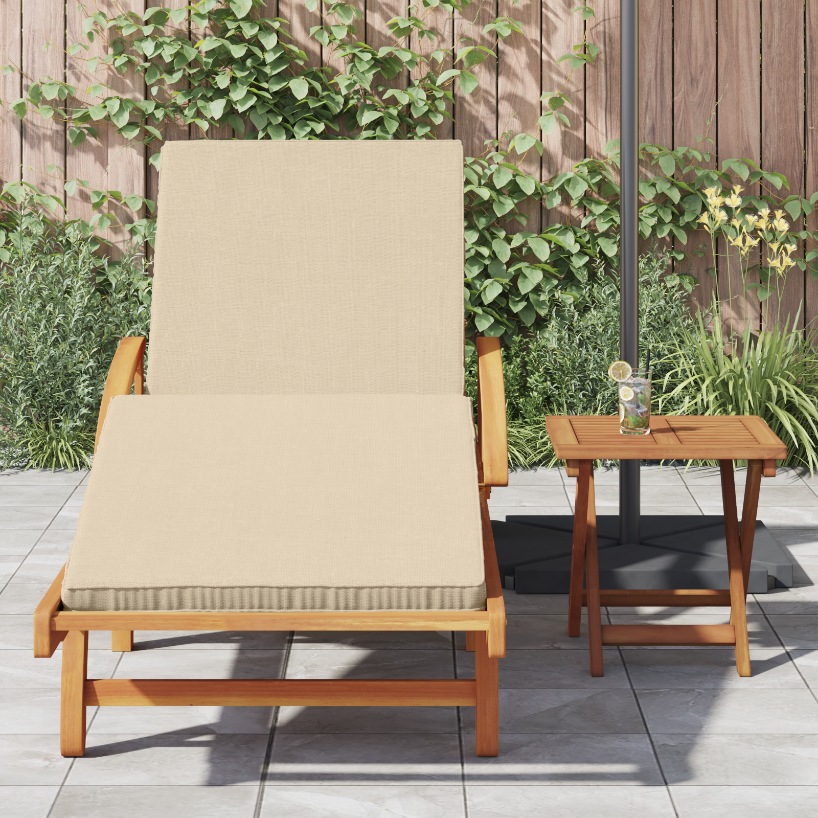 vidaXL Ligstoel met kussen en tafel massief acaciahout beige