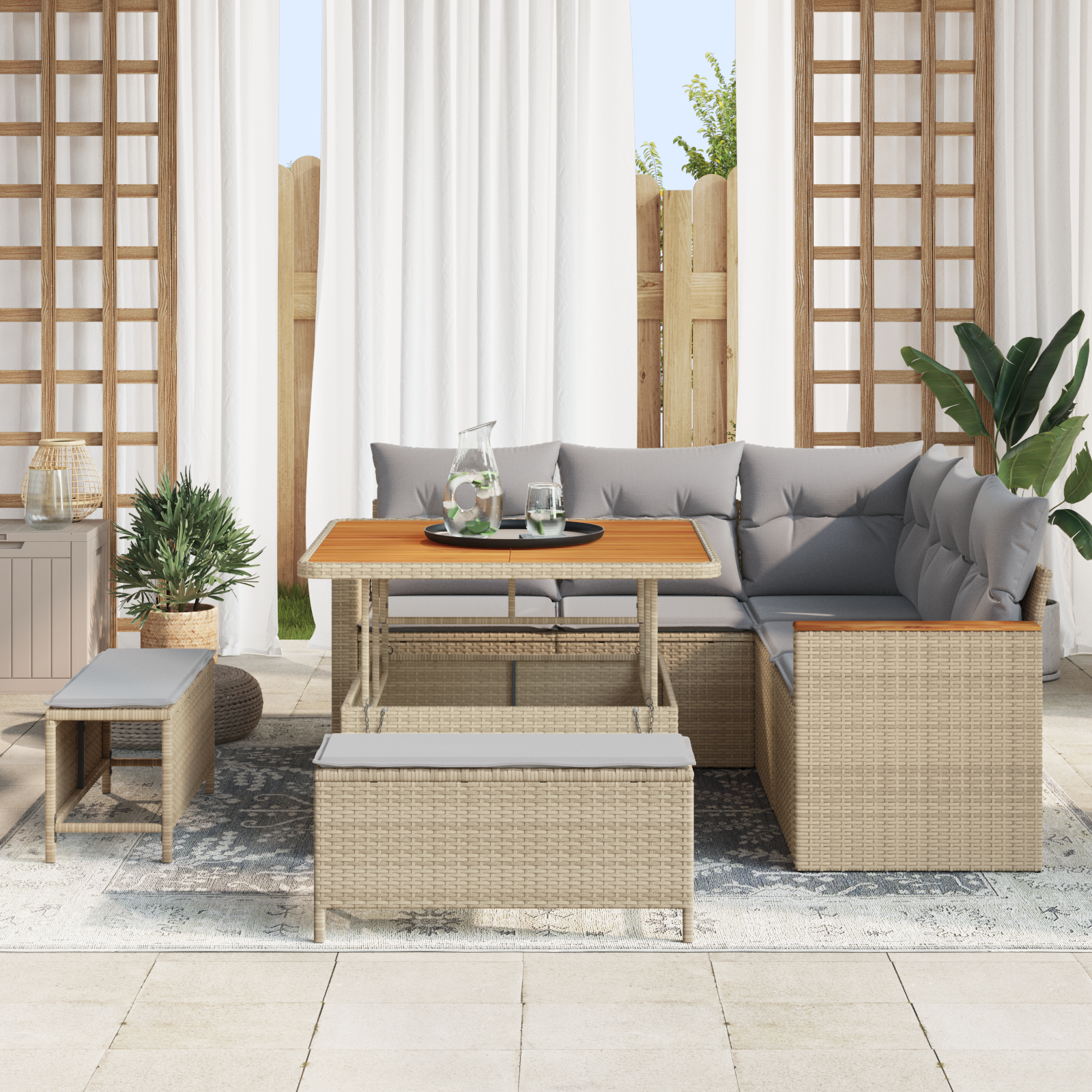 vidaXL 8-delige Tuinbankenset met kussens poly rattan acacia beige