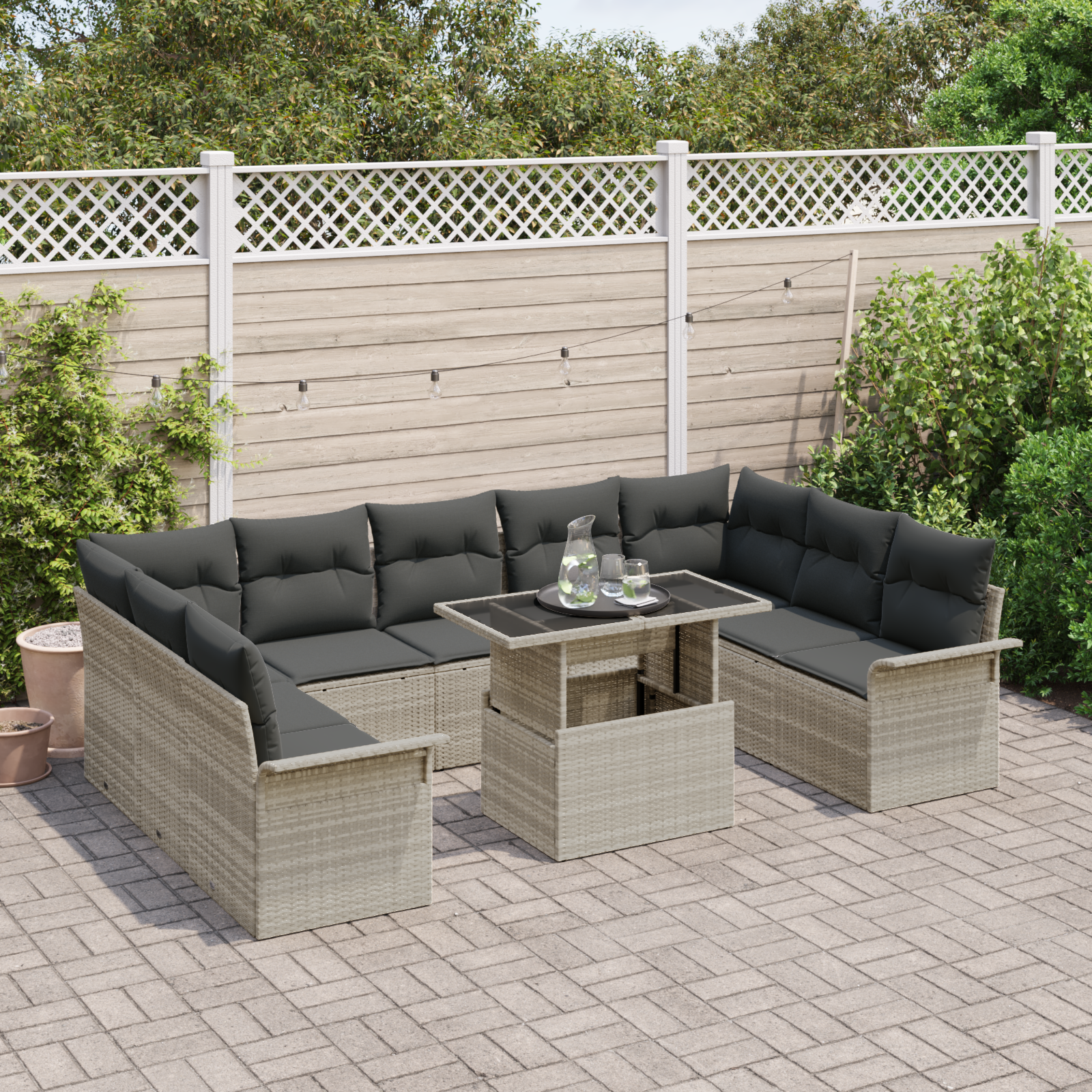 vidaXL 10-delige tuinset met kussens in lichtgrijs poly rattan