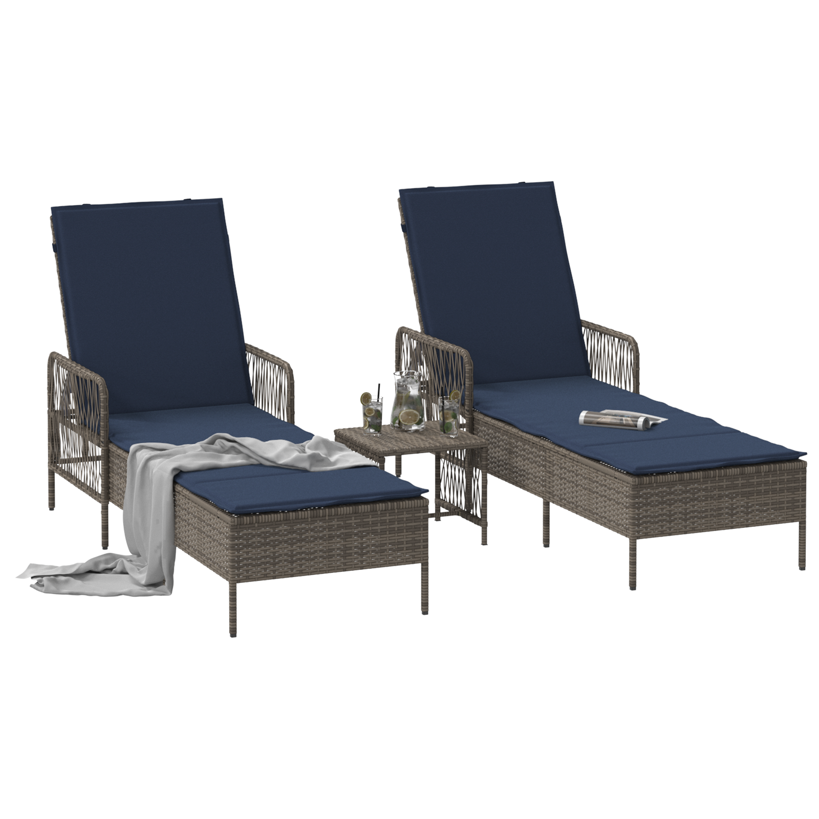 vidaXL Ligbedden 2 stuks met Kussens en Tafel Grijs Poly Rattan