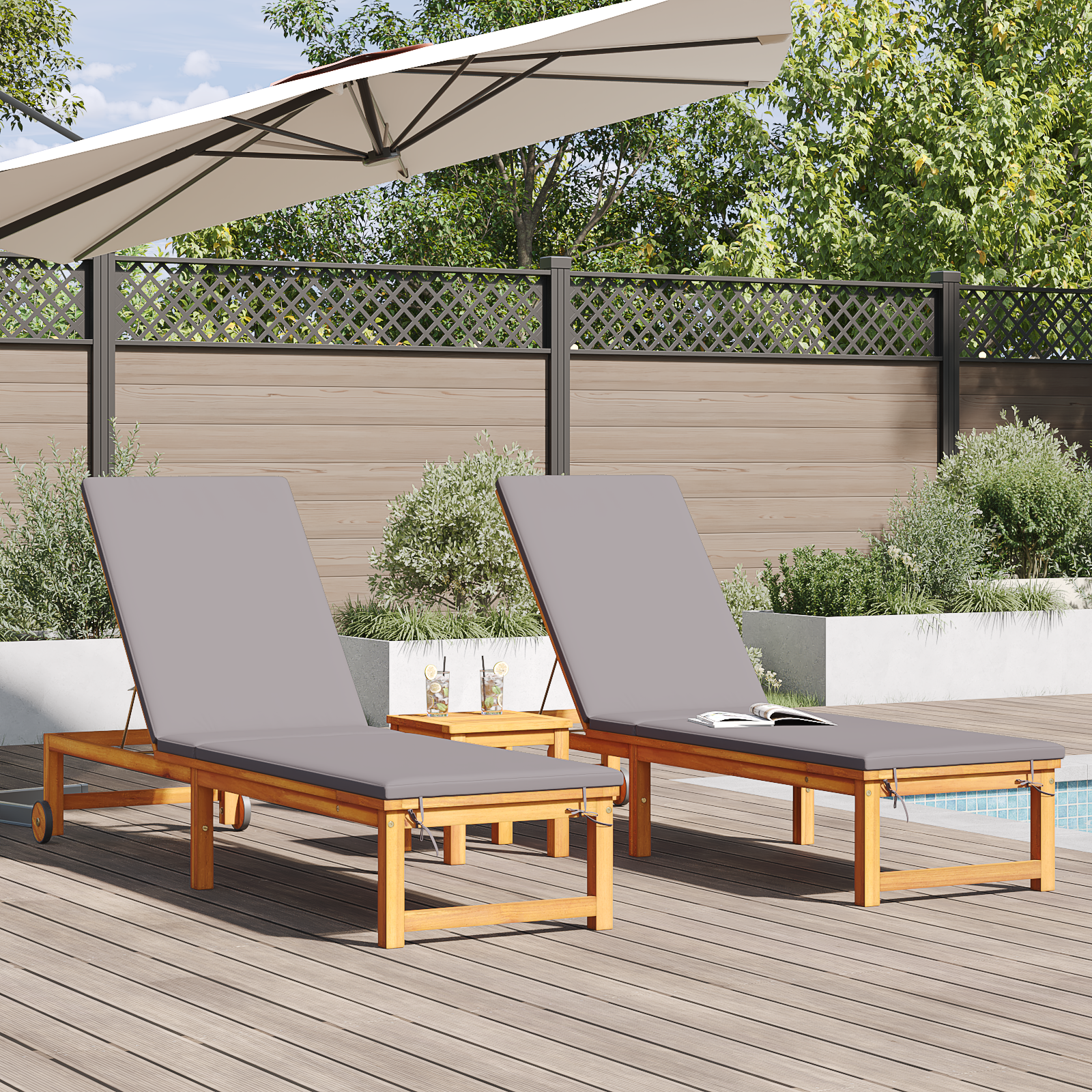 vidaXL Ligbedden 2 st met tafel en kussens van massief acaciahout