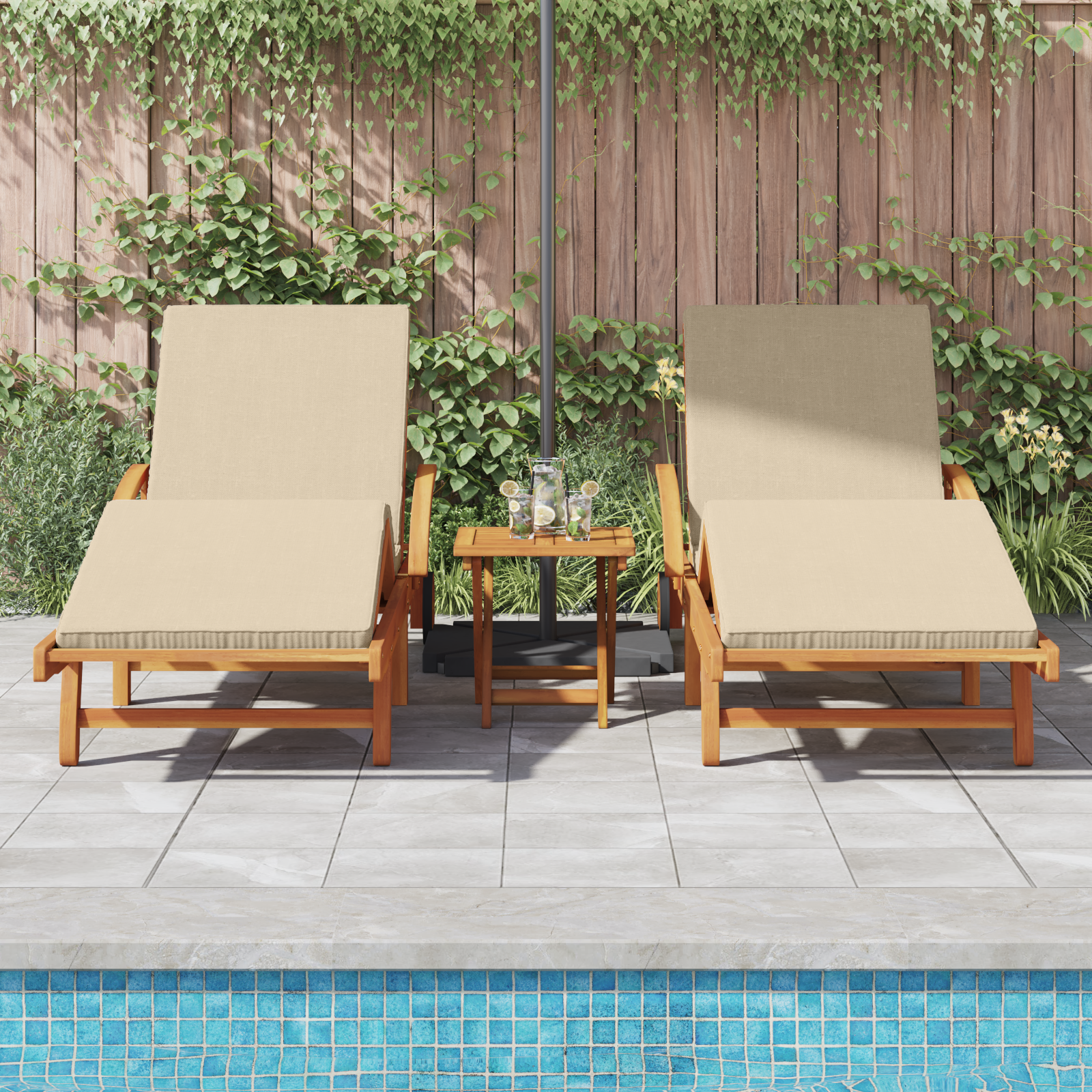 vidaXL Zonnebanken 2 stuks met Kussens en Tafel Beige Massief Acaciahout