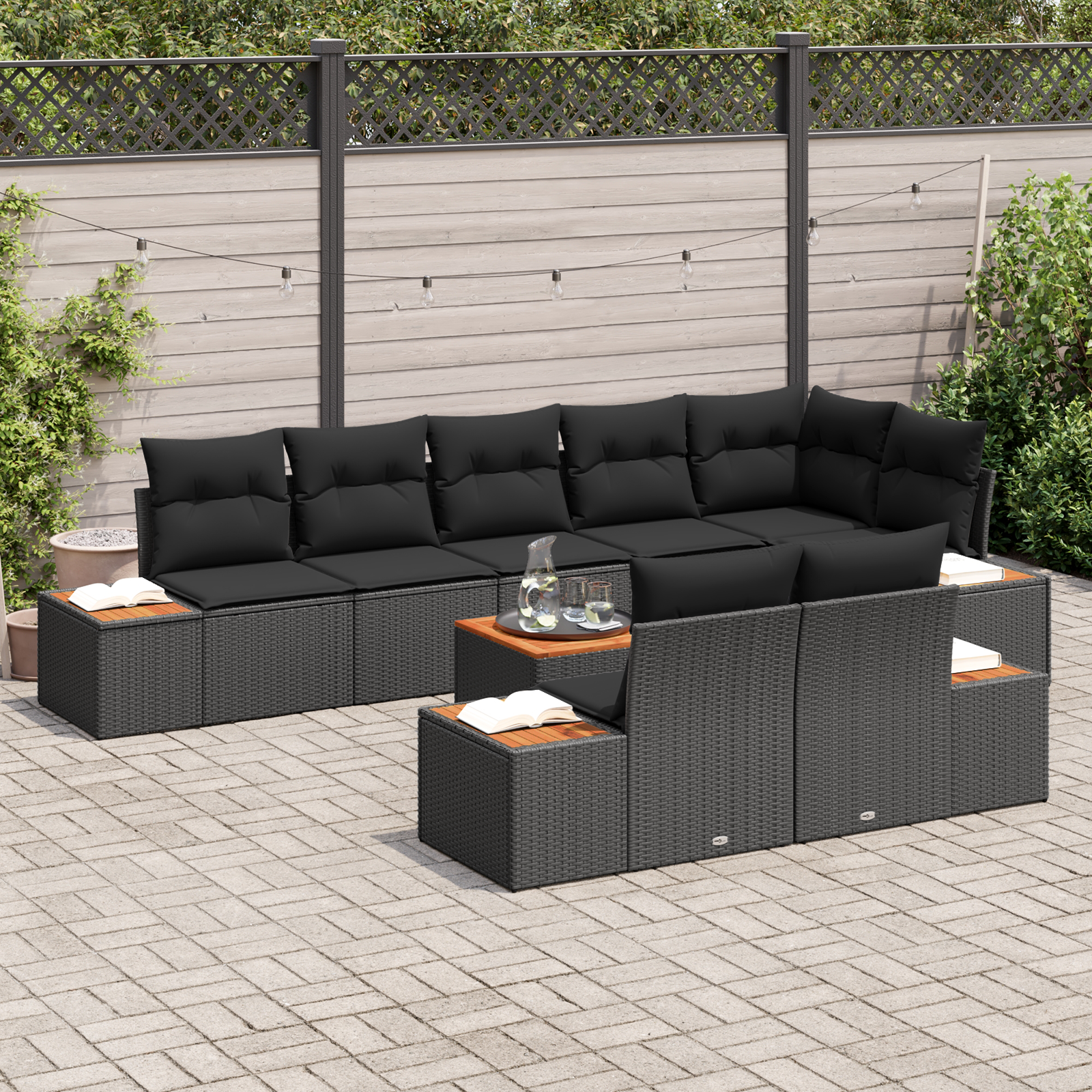 vidaXL 9 Delige Tuinset met Kussens - Zwart Poly Riet en Acacia