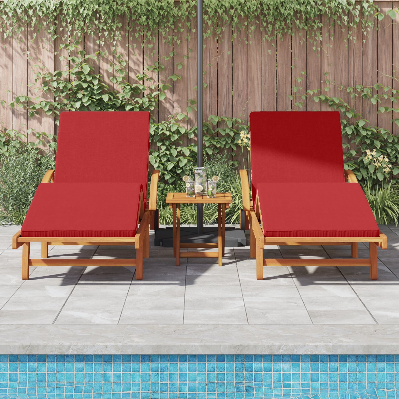 vidaXL Ligstoelen 2 stuks met Kussens en Tafel Rood Massief Acaciahout