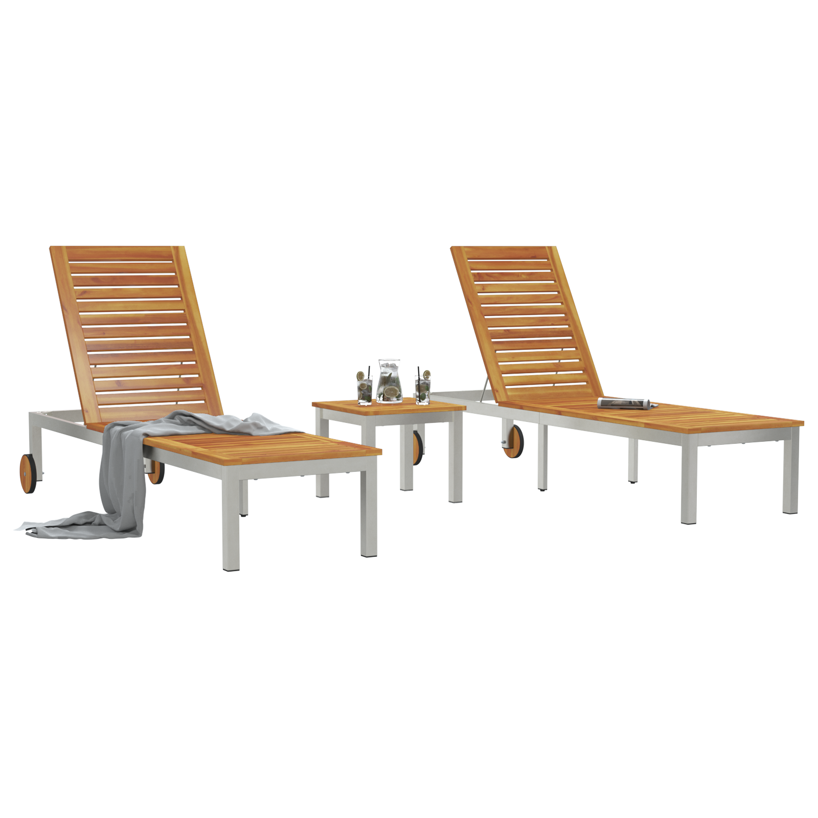 vidaXL Ligbedden 2 stuks met tafel van massief acaciahout