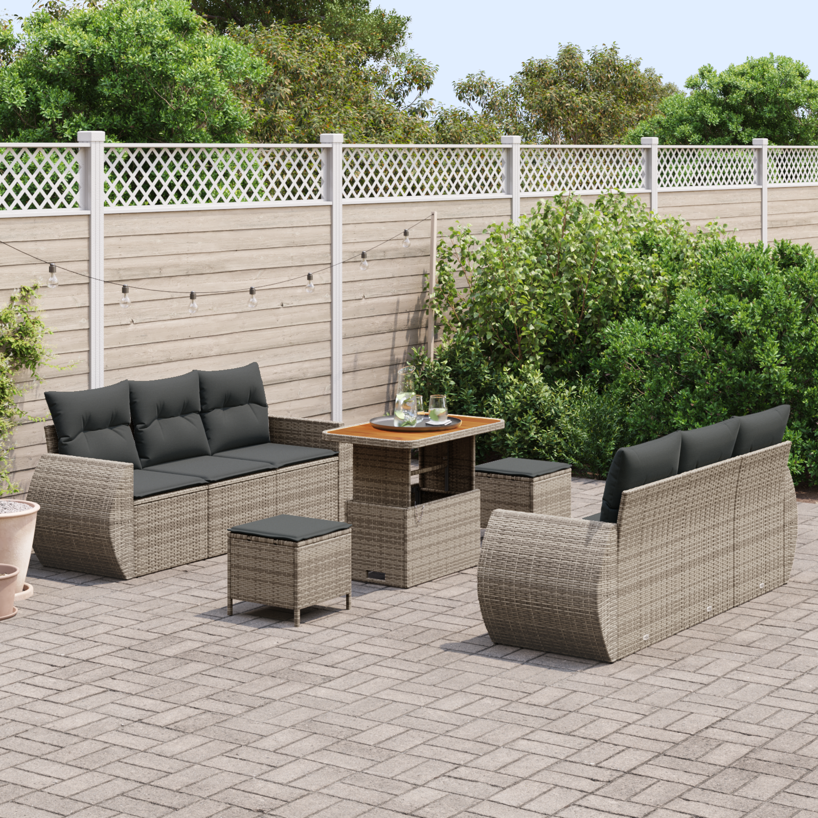 vidaXL 9-delige tuinset met kussens in het grijs van poly riet en acacia