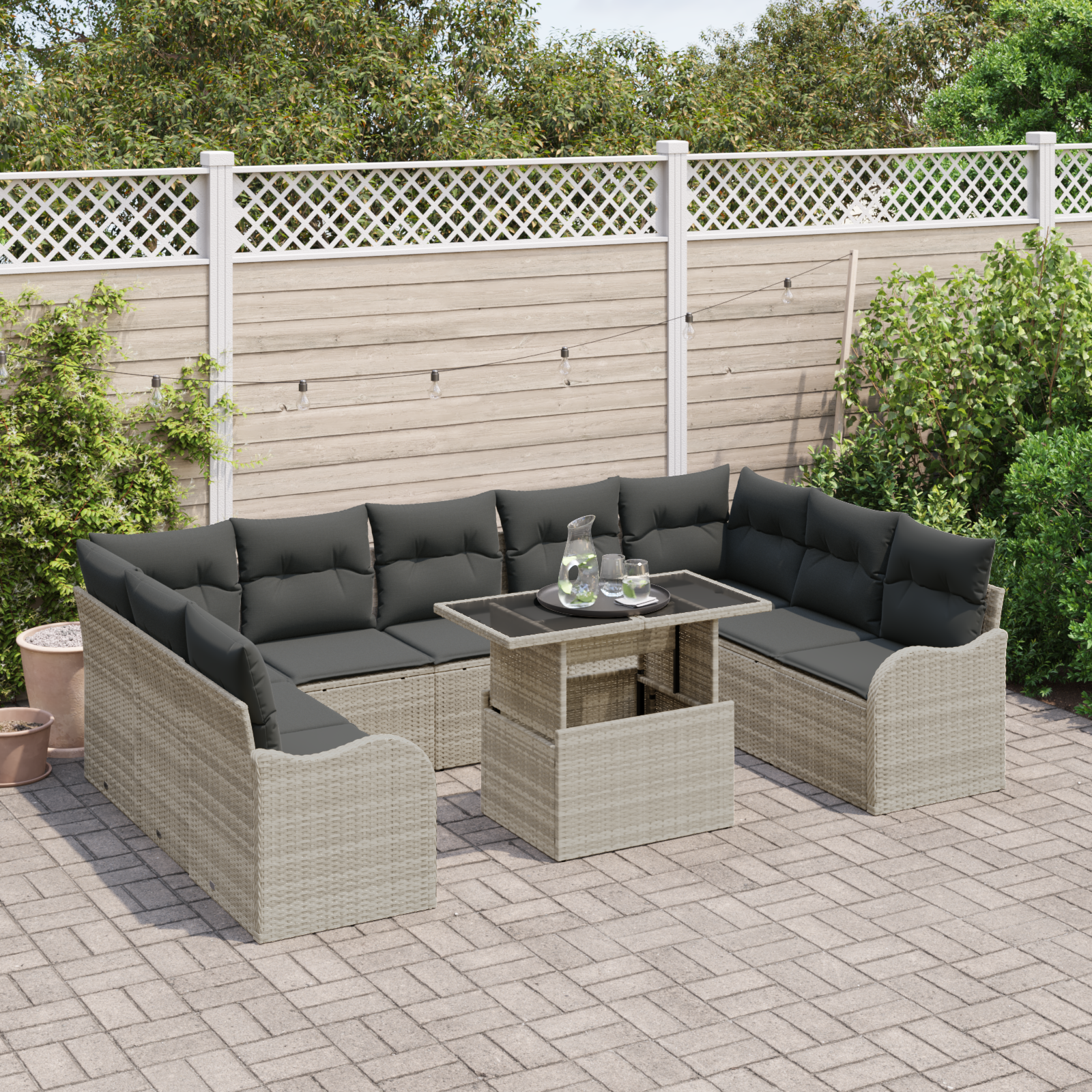 vidaXL 10-delige tuinset met kussens in lichtgrijs poly rattan