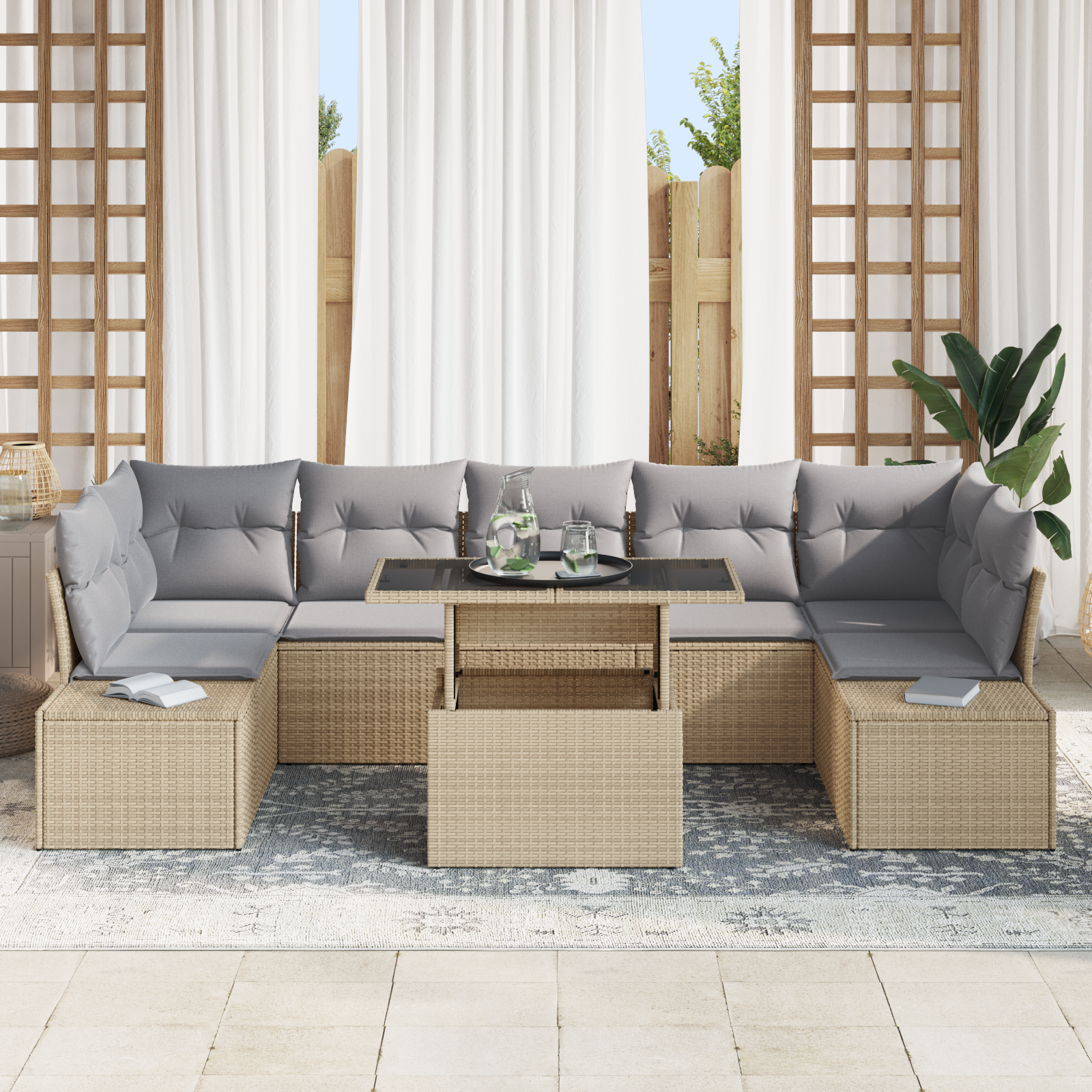 vidaXL 8-delige Tuinbankenset met kussens poly rattan beige