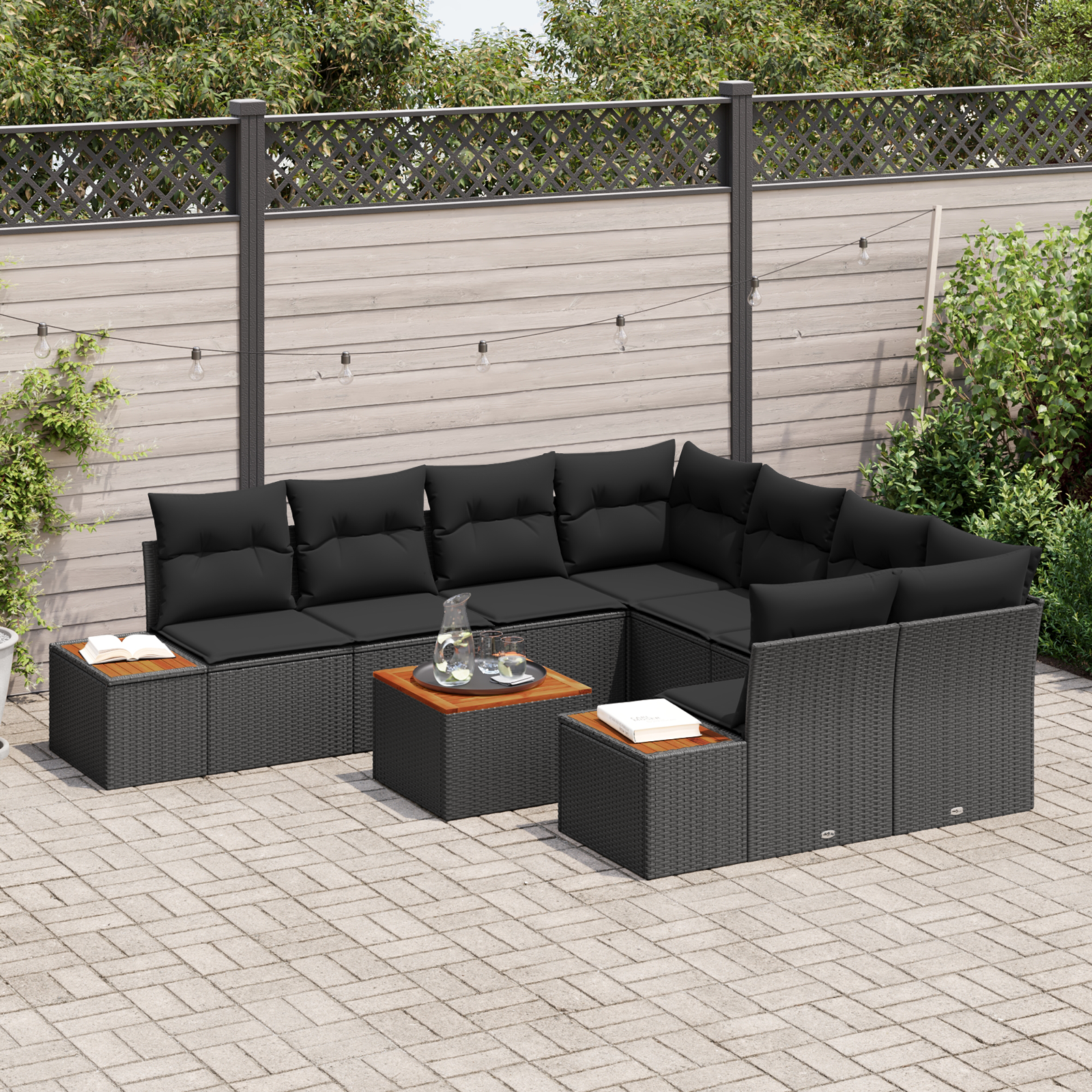 vidaXL 9-delige tuinset met kussens - zwart poly rattan en acacia