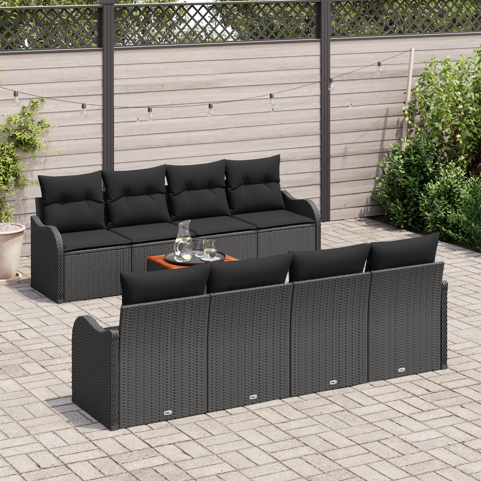 vidaXL 9-delige tuinbankset met kussens zwart poly riet acacia