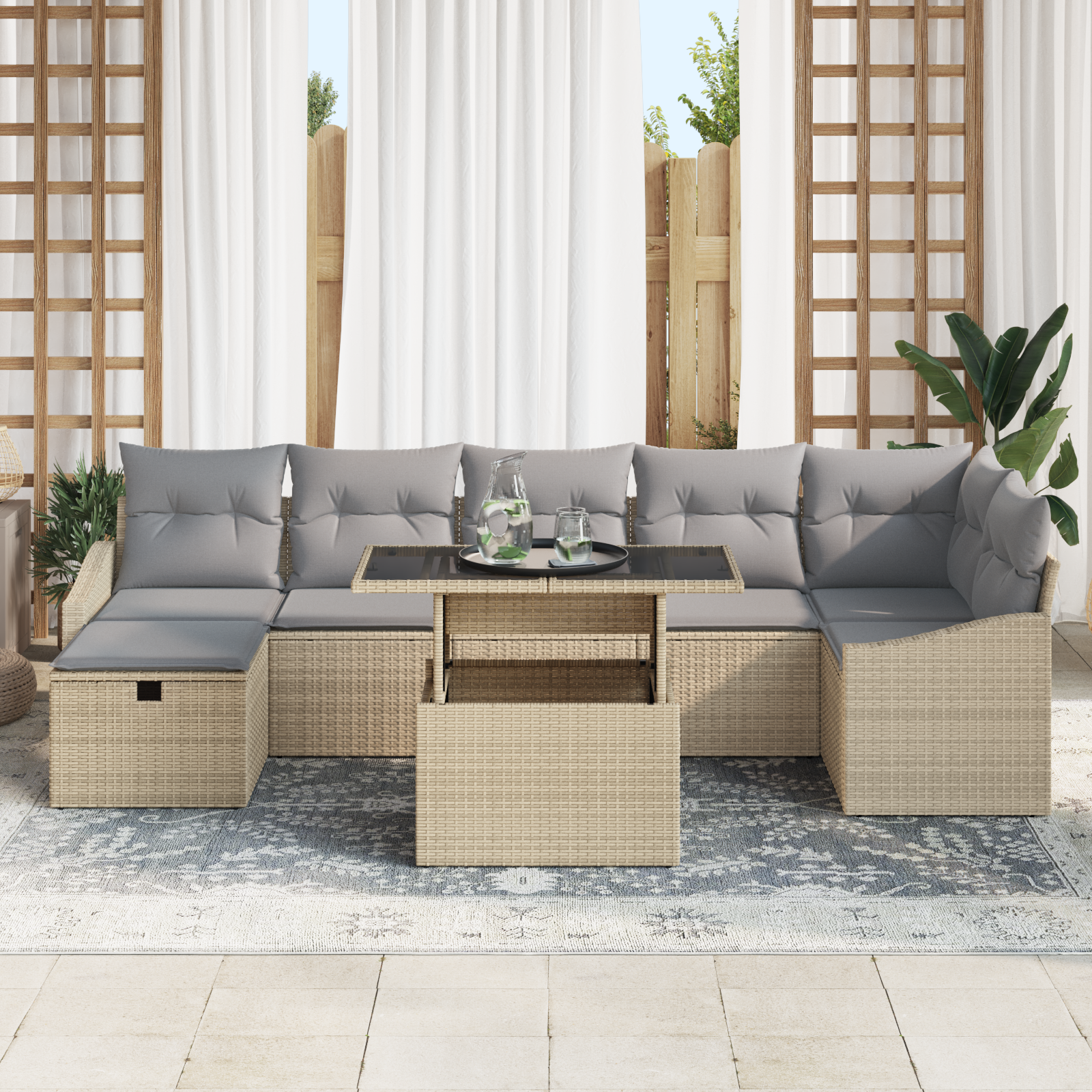 vidaXL 8-delige Tuinbankenset met kussens poly rattan beige