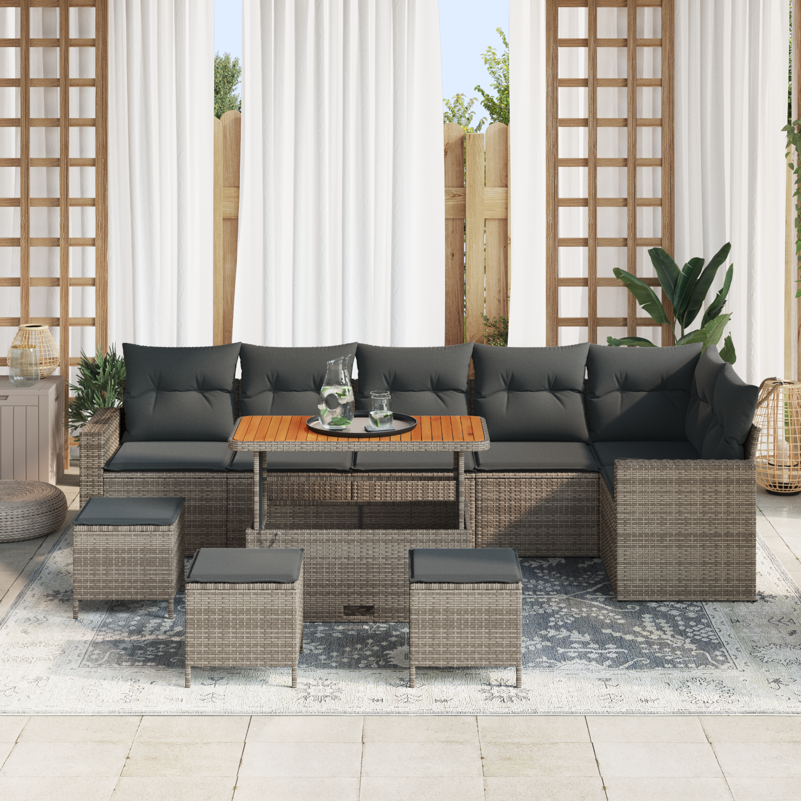 vidaXL 10-delige Tuinbankenset met kussens poly rattan acacia grijs