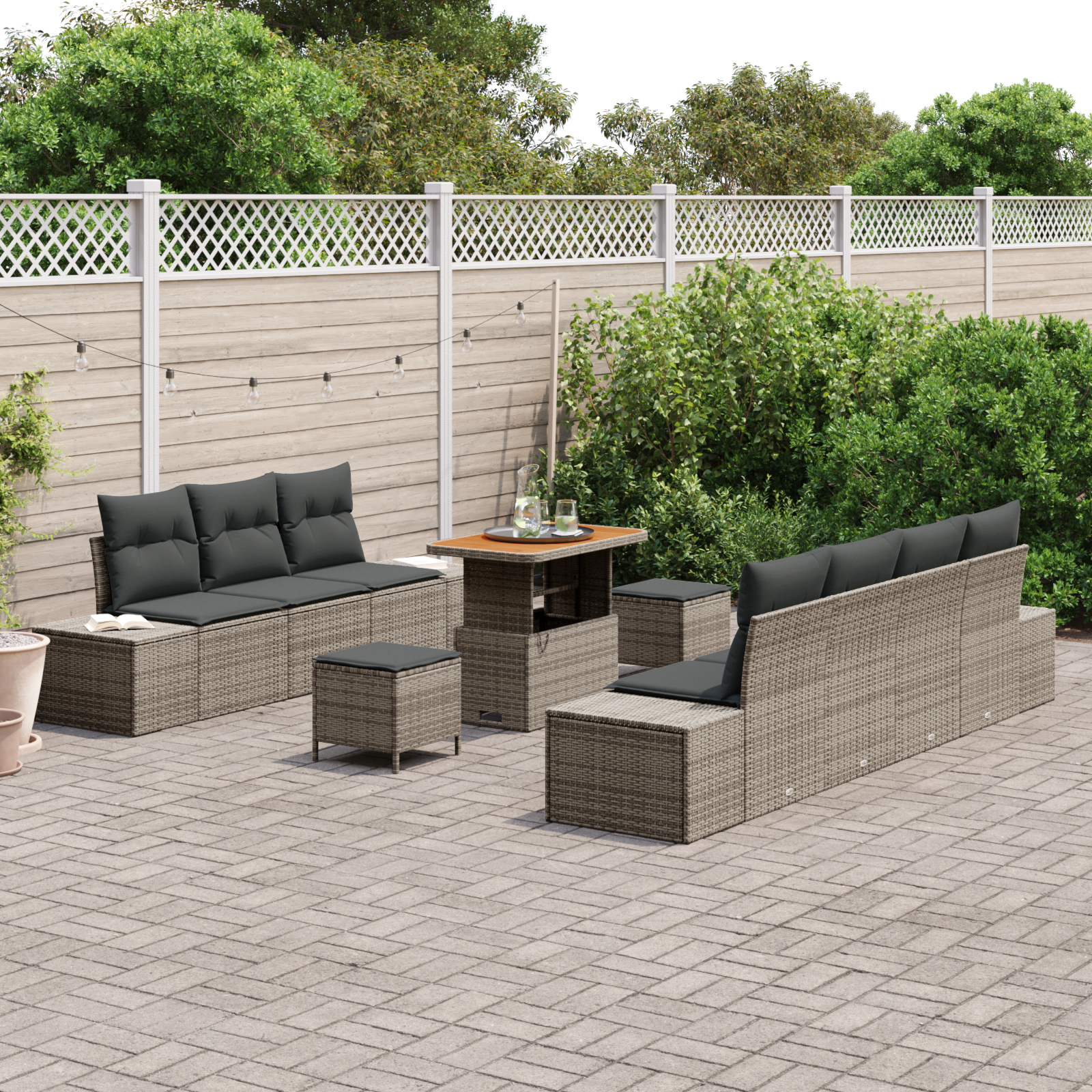 vidaXL 10-delige Tuinbankenset met kussens poly rattan acacia grijs