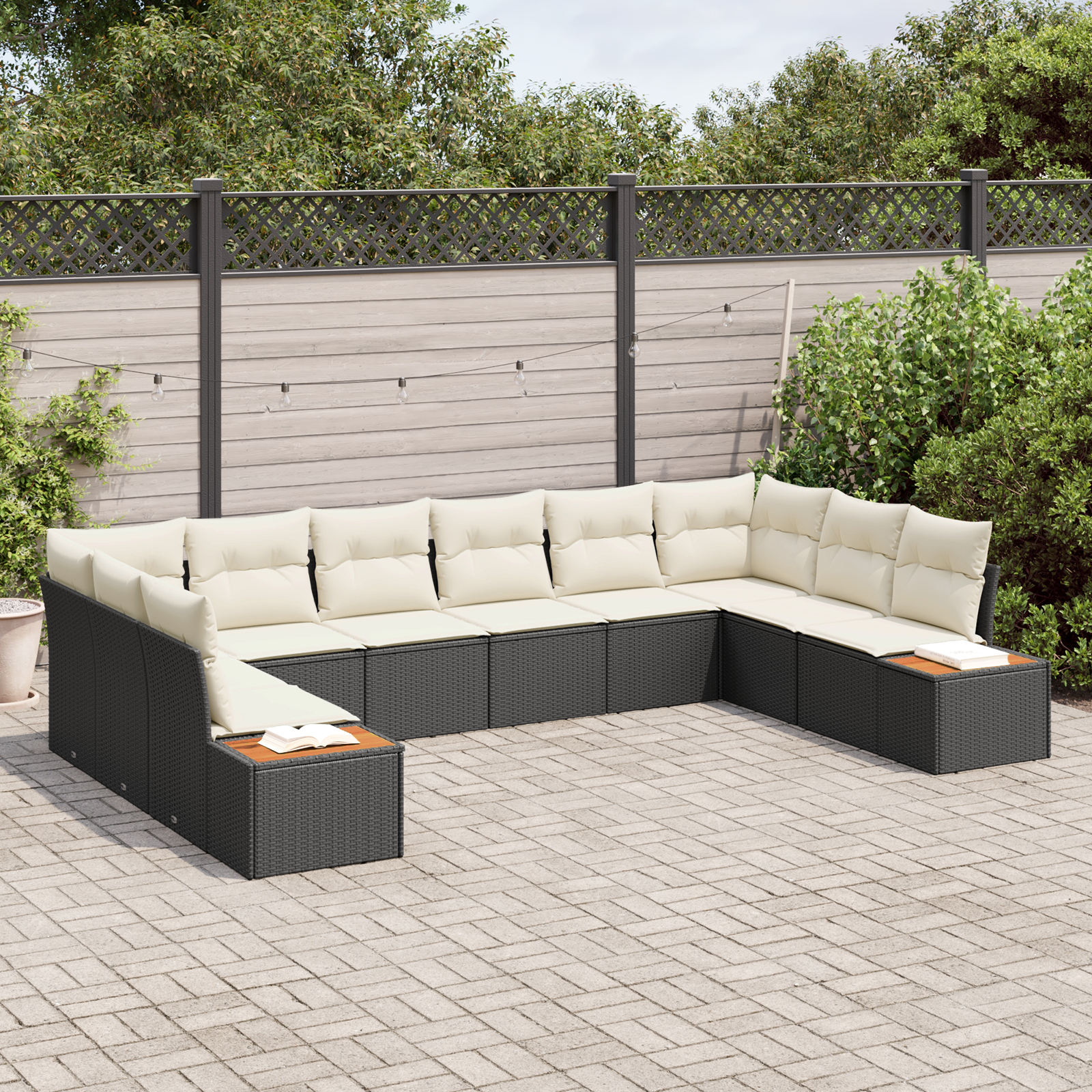 vidaXL 10-delige tuinbankset met kussens zwart poly rattan acacia