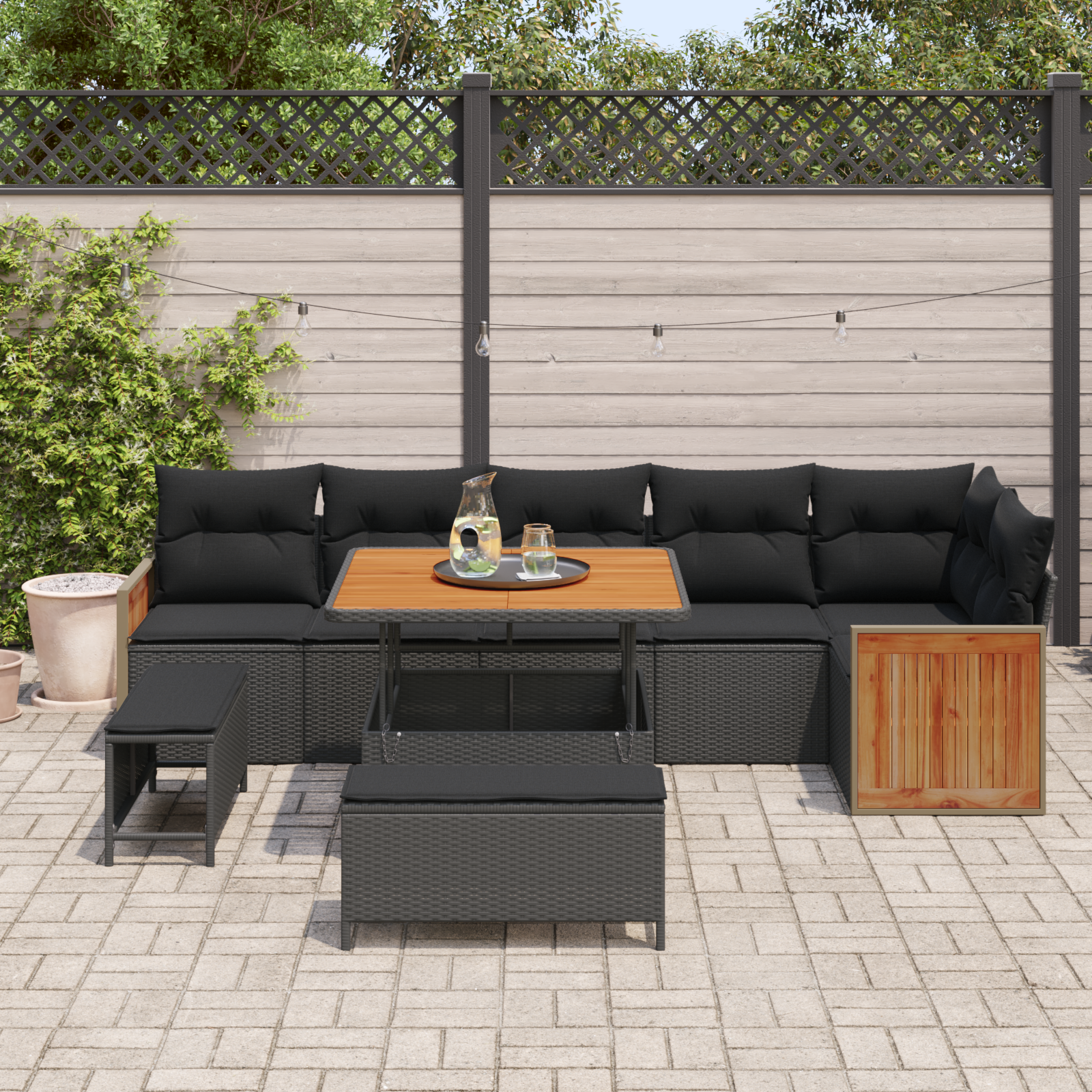 vidaXL 9-delige tuinset met kussens - zwart poly ratten en acacia