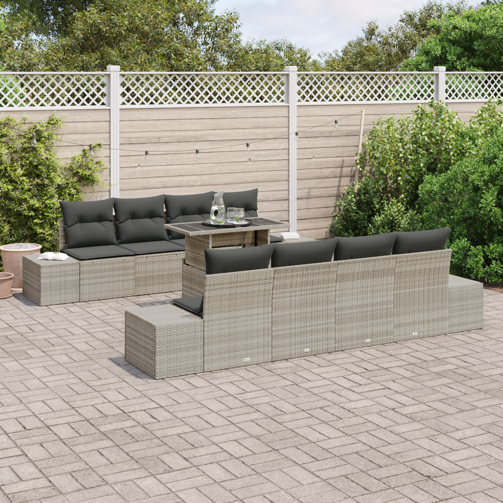 vidaXL 9-delige Tuinbankenset met kussens poly rattan lichtgrijs