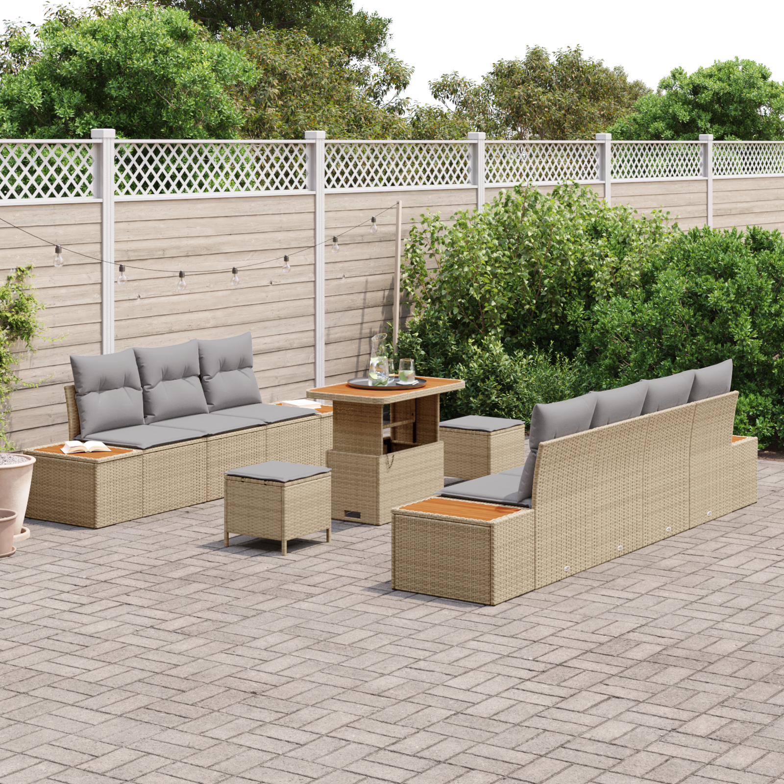 vidaXL 10-delige tuinset met kussens Beige Poly Rattan Acacia