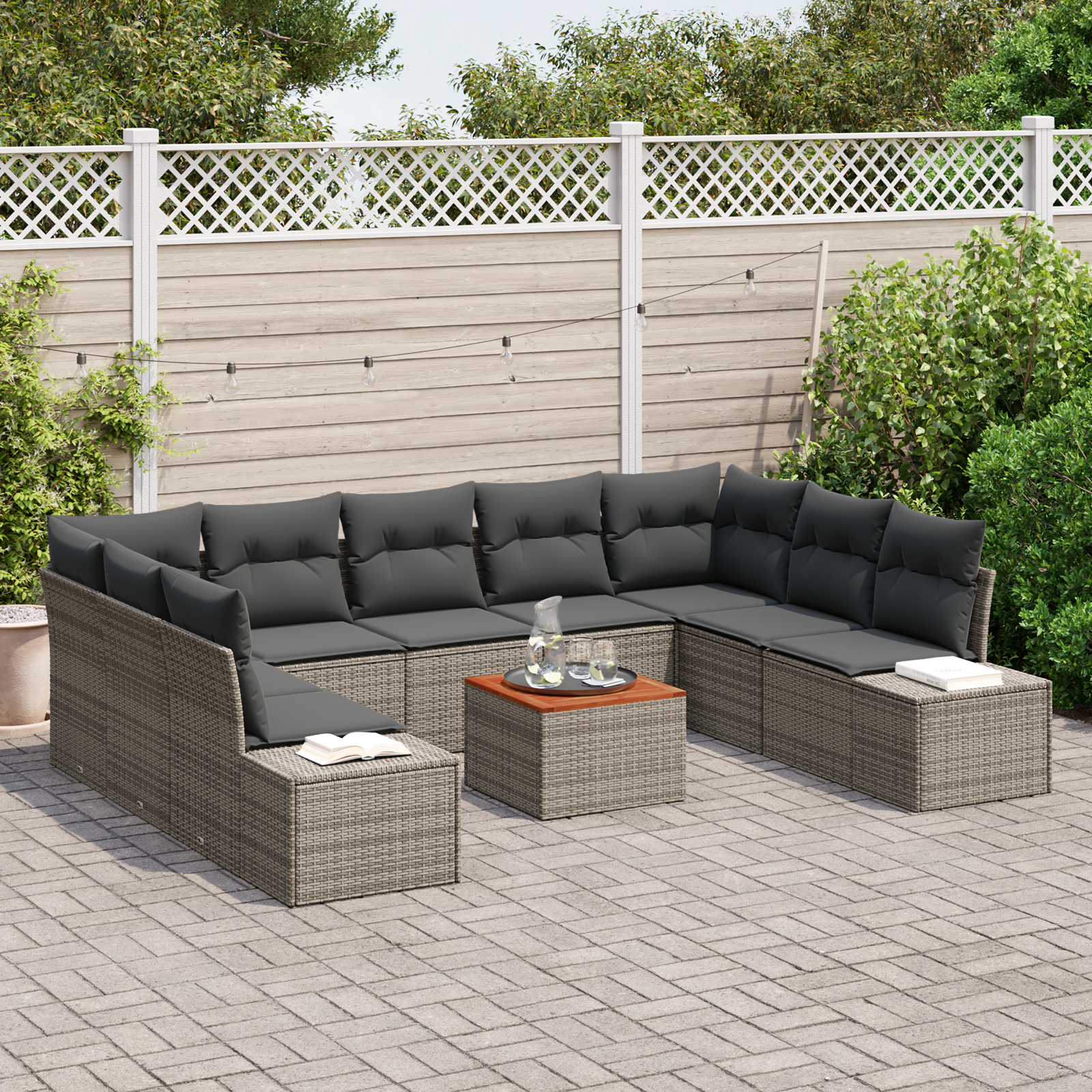 vidaXL 10-delige tuinset met kussens - grijs, poly rattan en acaciahout