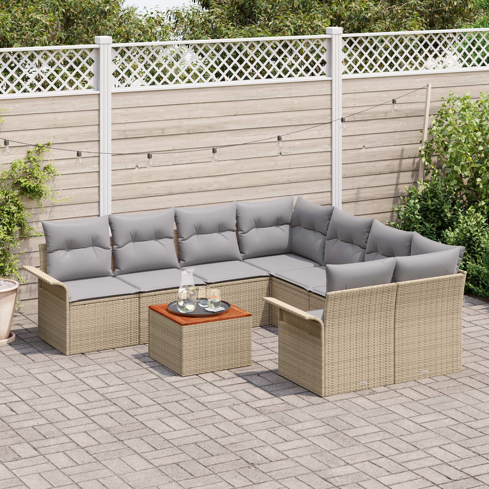 vidaXL 9-delige Tuinbankenset met kussens poly rattan acacia beige