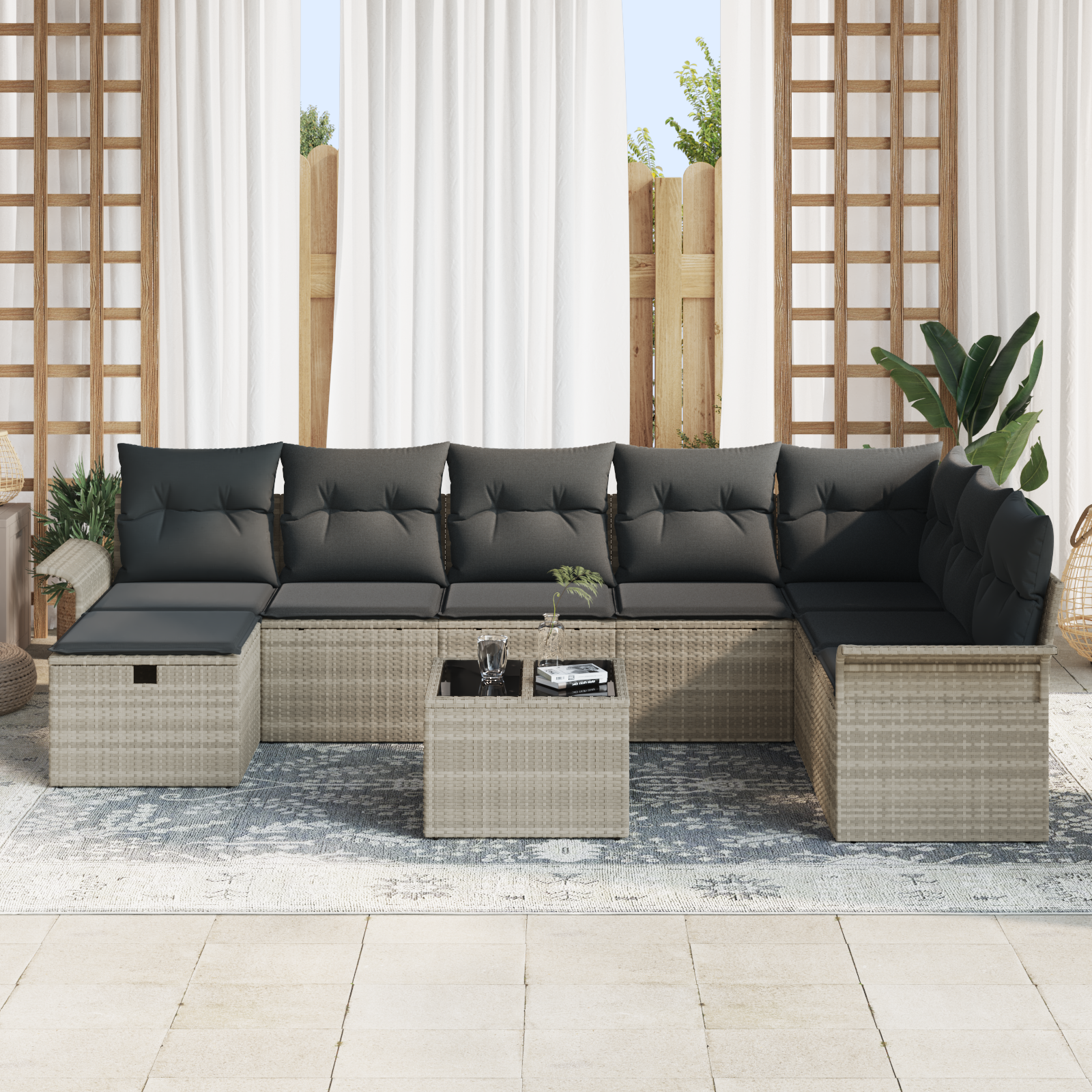 vidaXL 9-delige Tuinbankenset met kussens poly rattan lichtgrijs