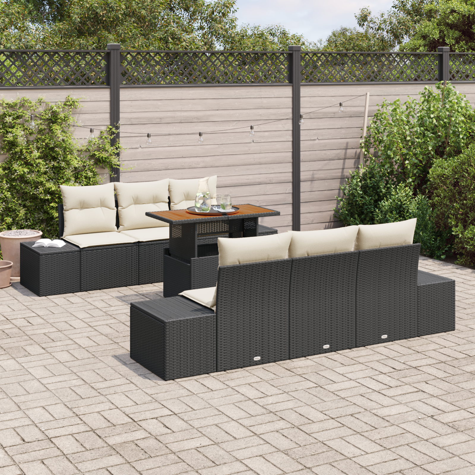 vidaXL 7-delige Tuinbankenset met kussens poly rattan zwart