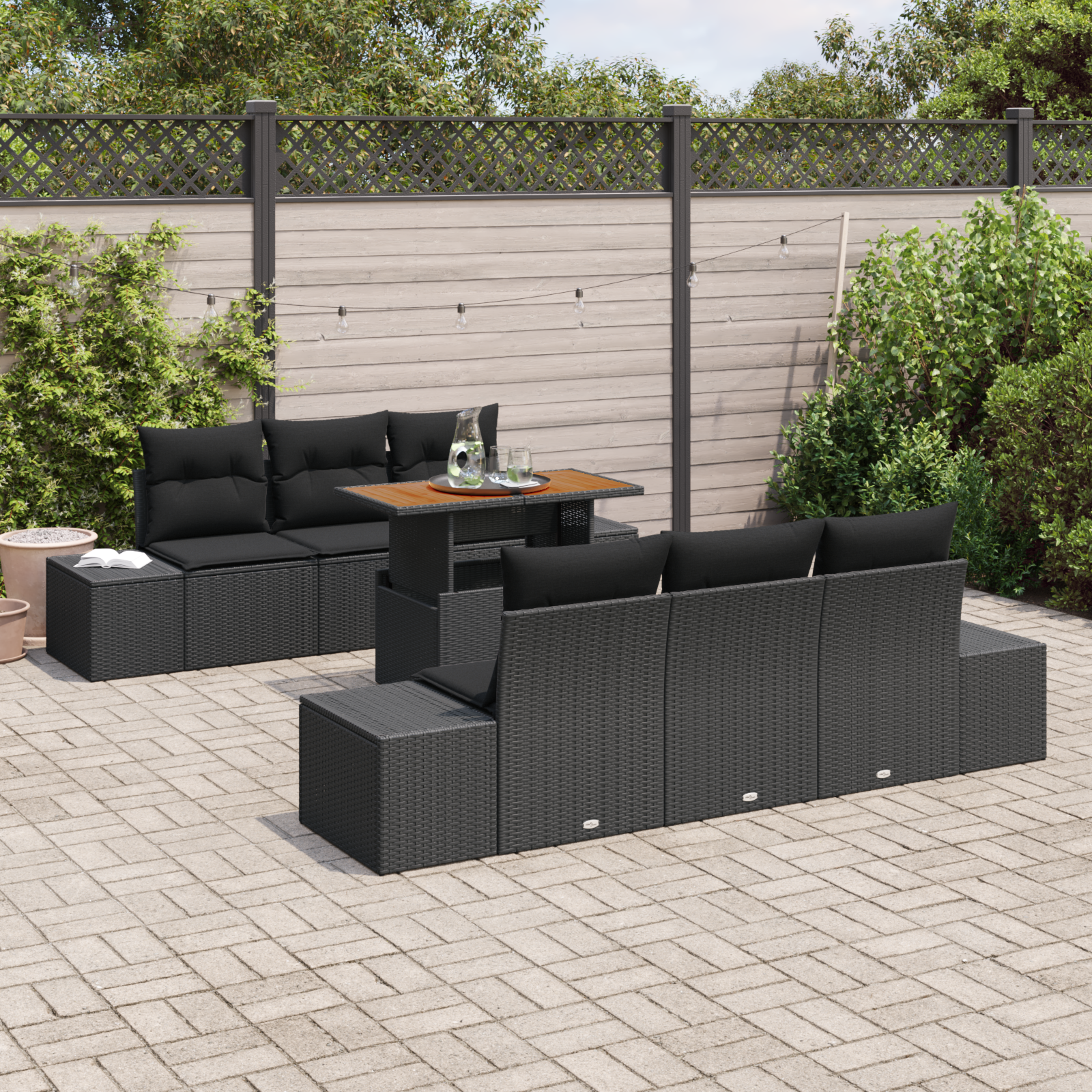 vidaXL 7-delige Tuinbankenset met kussens poly rattan zwart