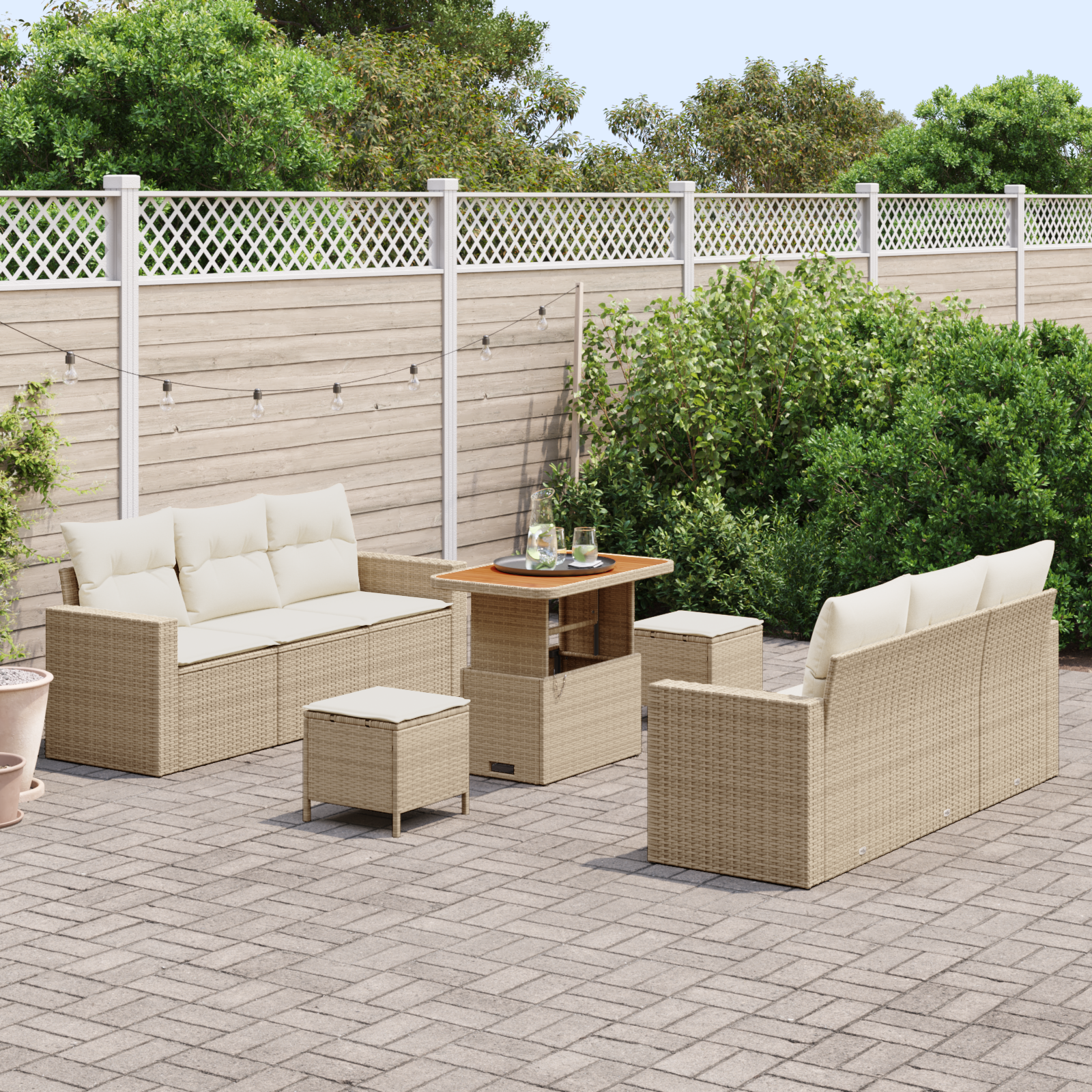 vidaXL 9-delige tuinbankset met kussens - beige poly rattan, acacia