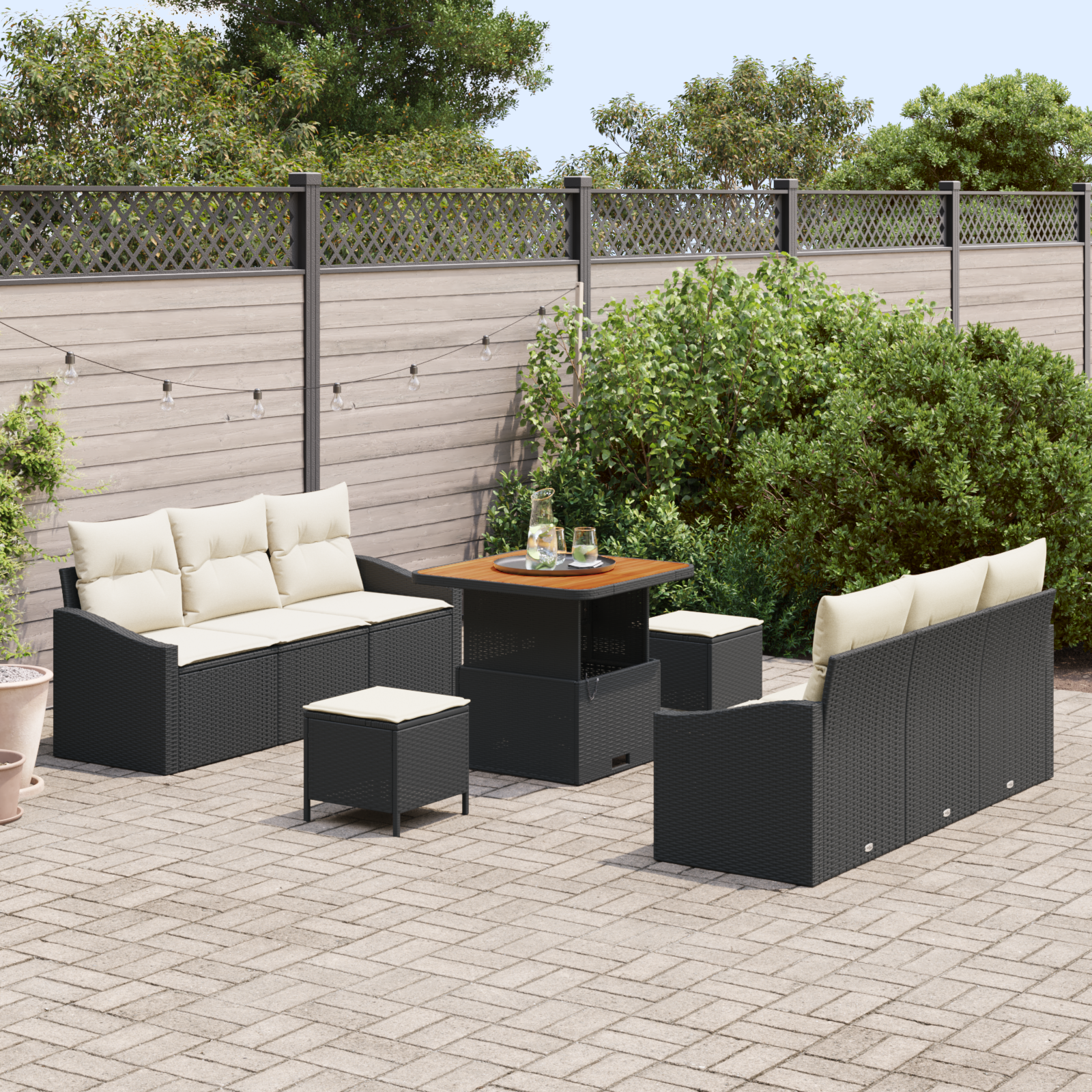 vidaXL 9-delige tuinbankset met kussens zwart poly rattan acacia