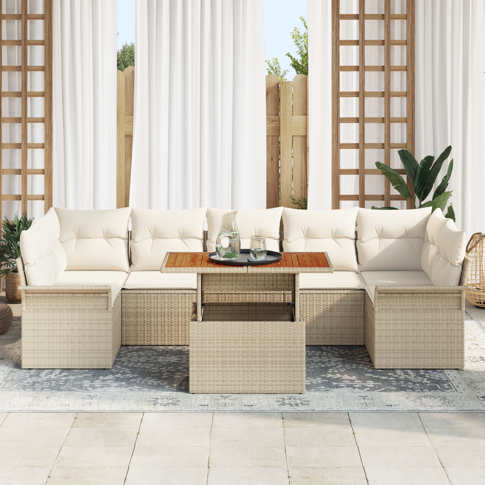 vidaXL 8-delige tuinsofa set met kussens in beige poly rattan en acaciahout