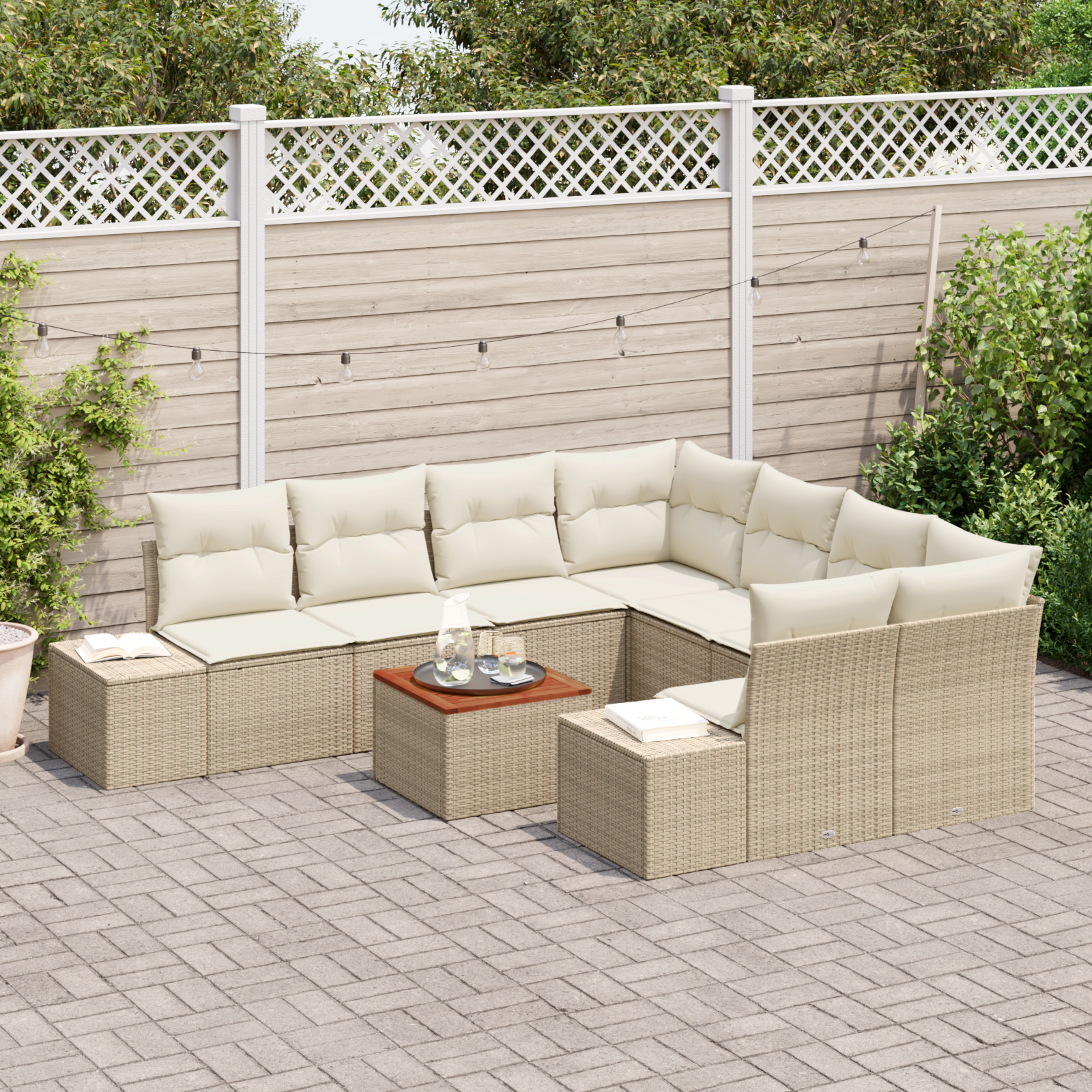 vidaXL 9-delige Tuinbankenset met kussens poly rattan en acacia beige