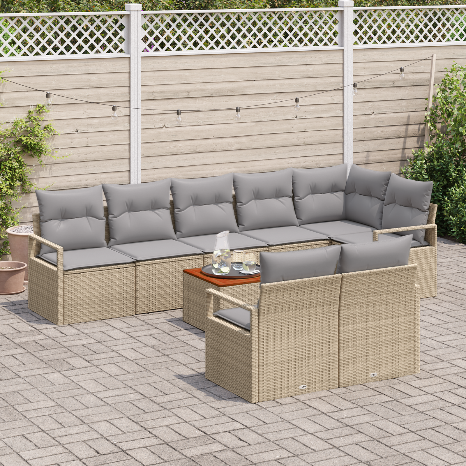 vidaXL 9-delige tuinbankset met kussens in het beige van poly rattan en acacia