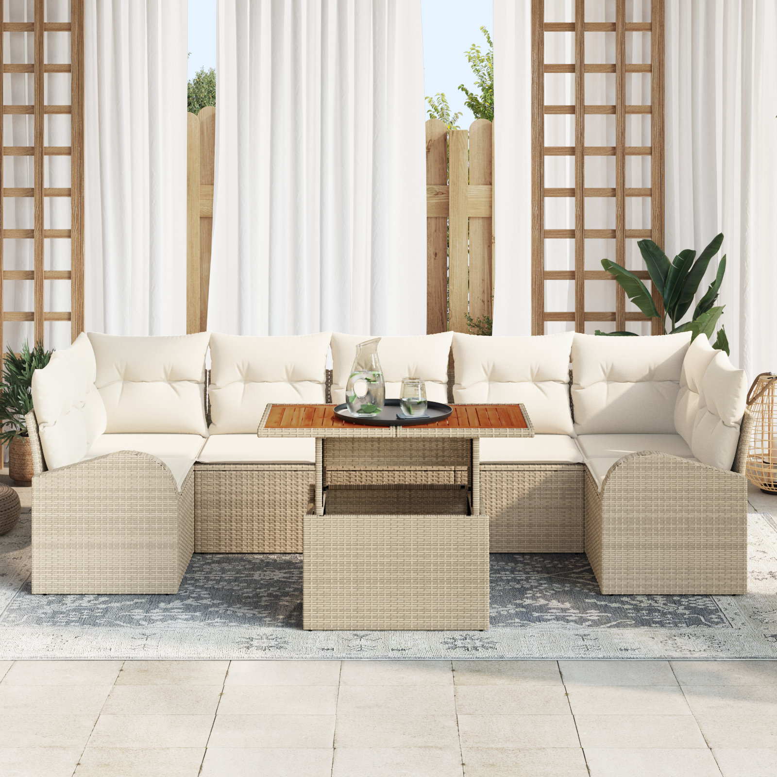 vidaXL 8-delige tuinset met kussens in beige poly rattan en acacia