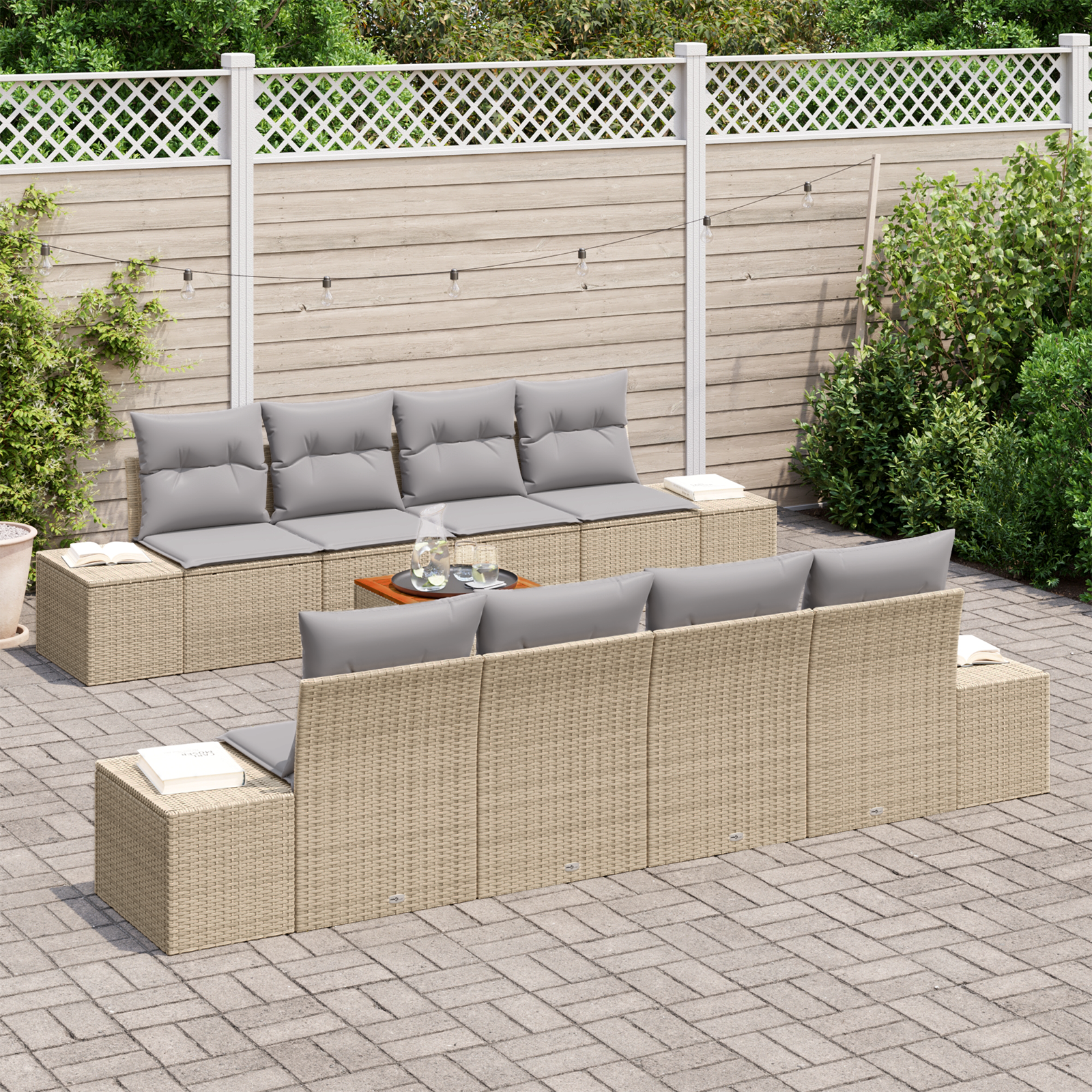 vidaXL 9-delige Tuinbankenset met kussens poly rattan acaciahout beige