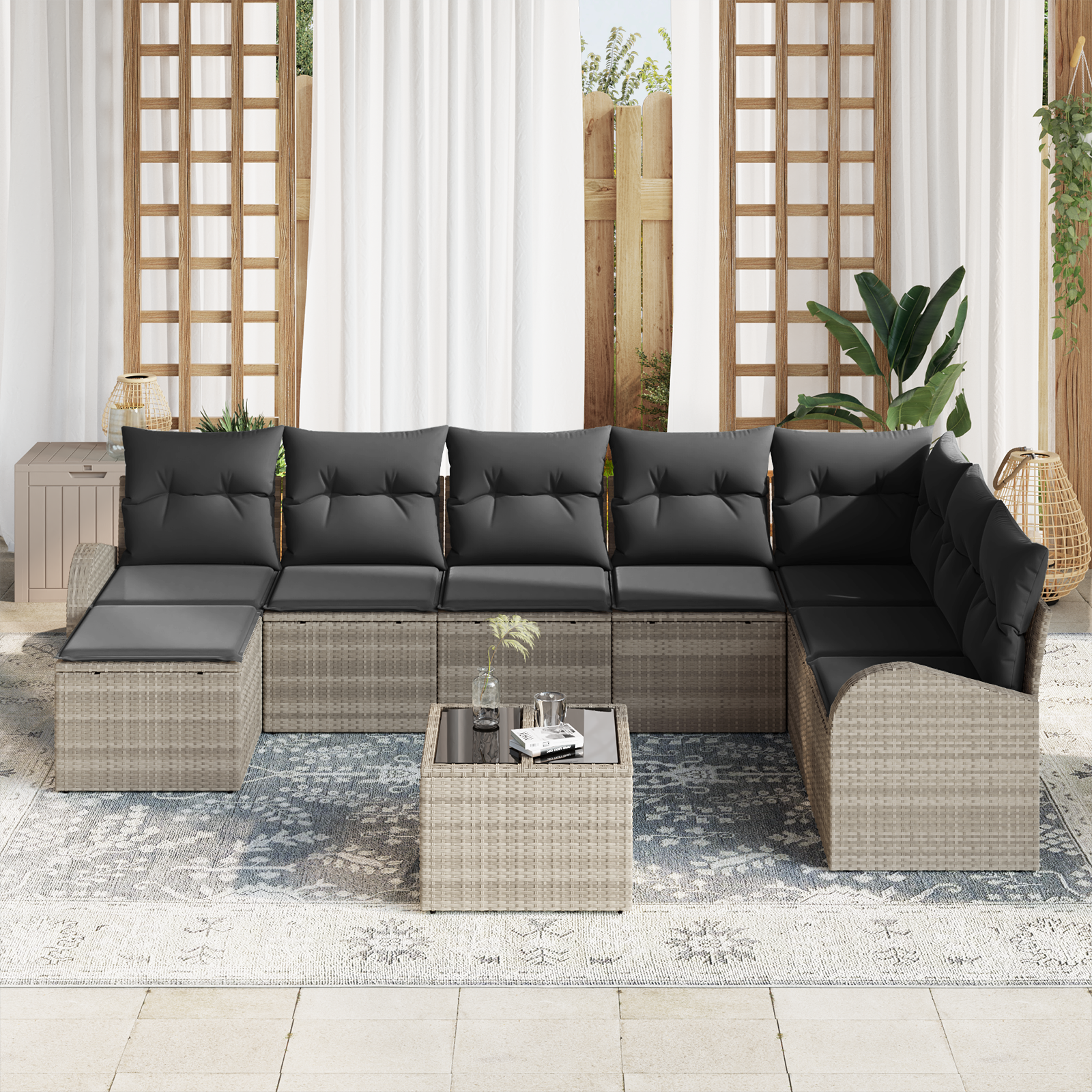vidaXL 9-delige tuinset met kussens in grijs poly rattan