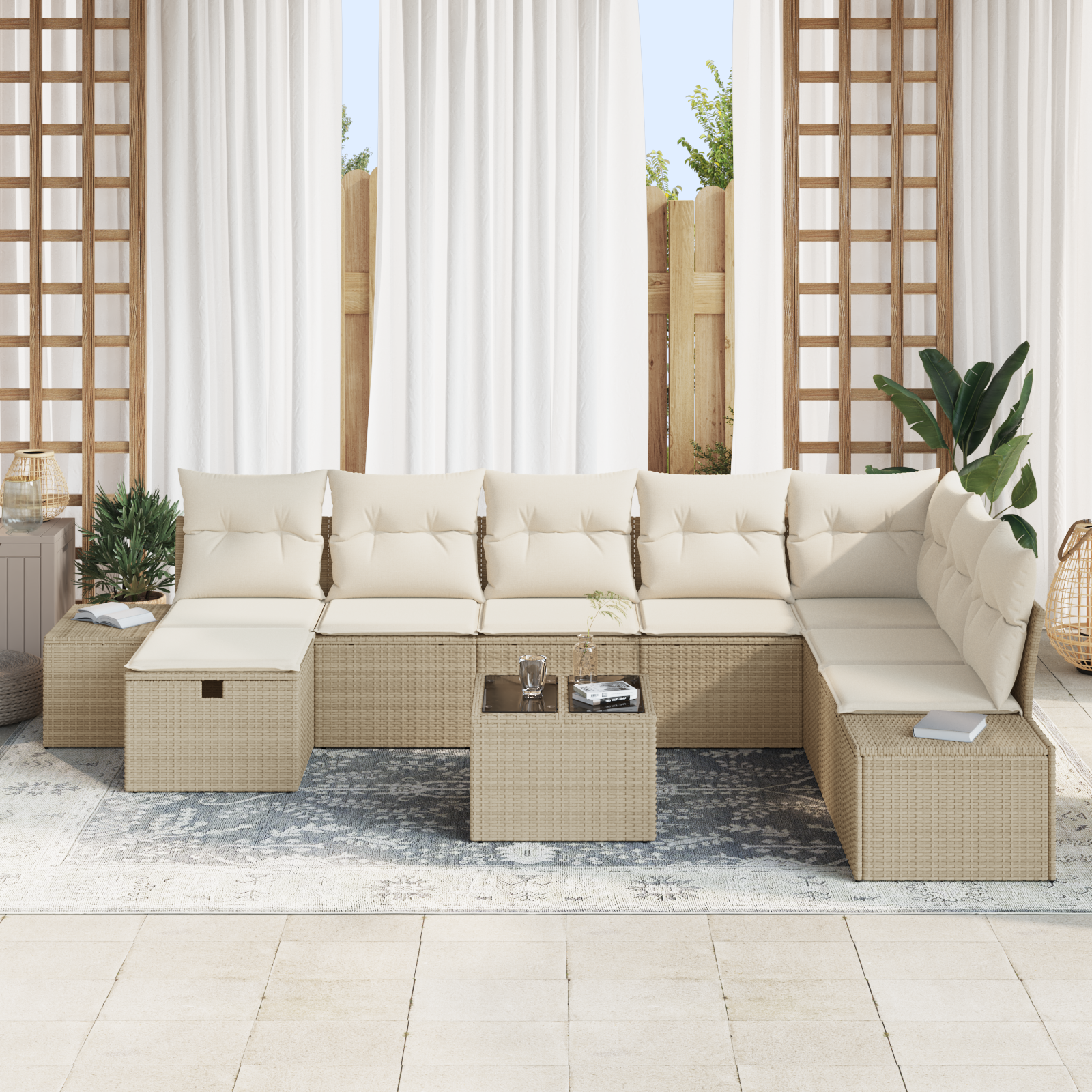 vidaXL 9-delige Tuinbankenset met kussens poly rattan beige