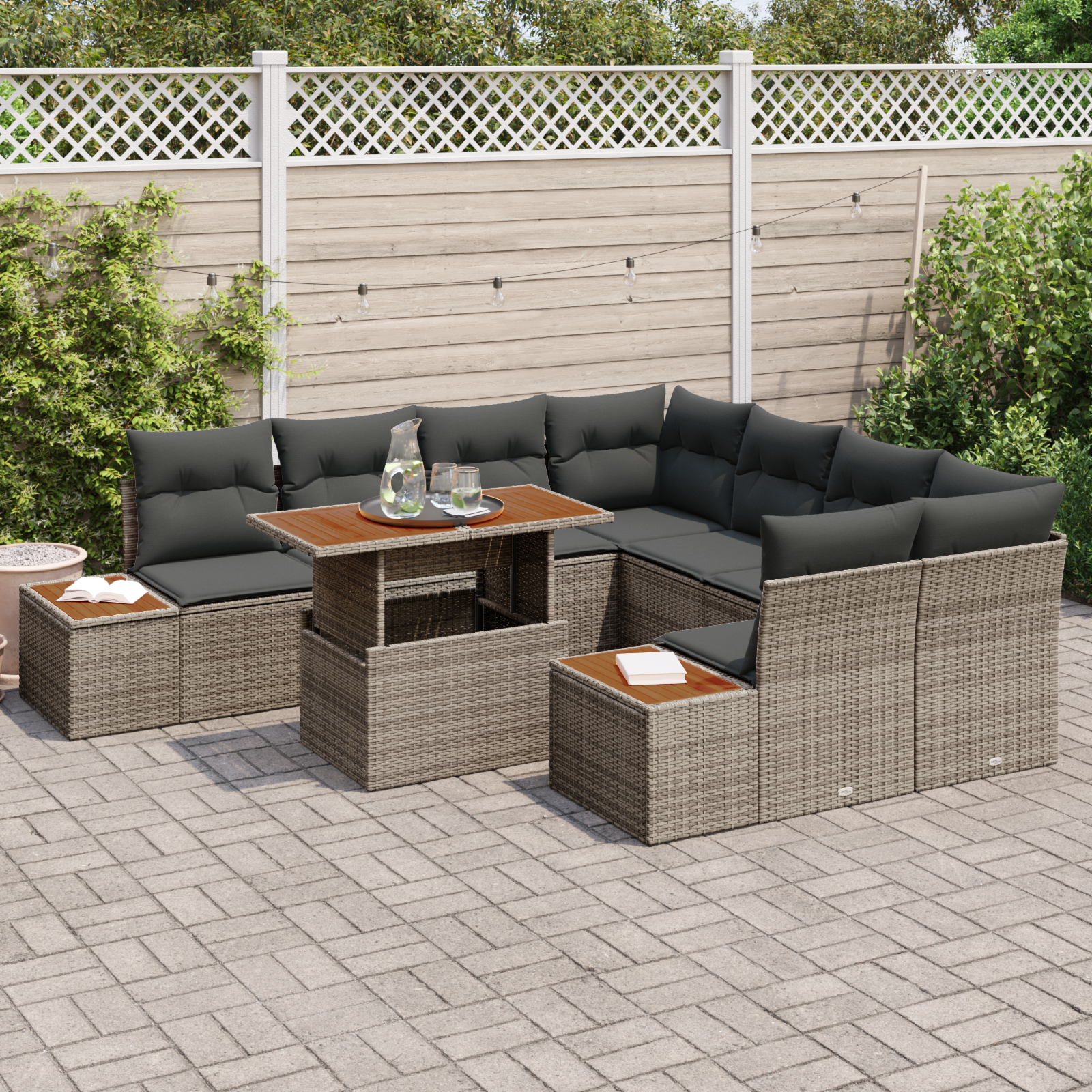 vidaXL 9-delige Tuinset met kussens poly rattan acaciahout grijs