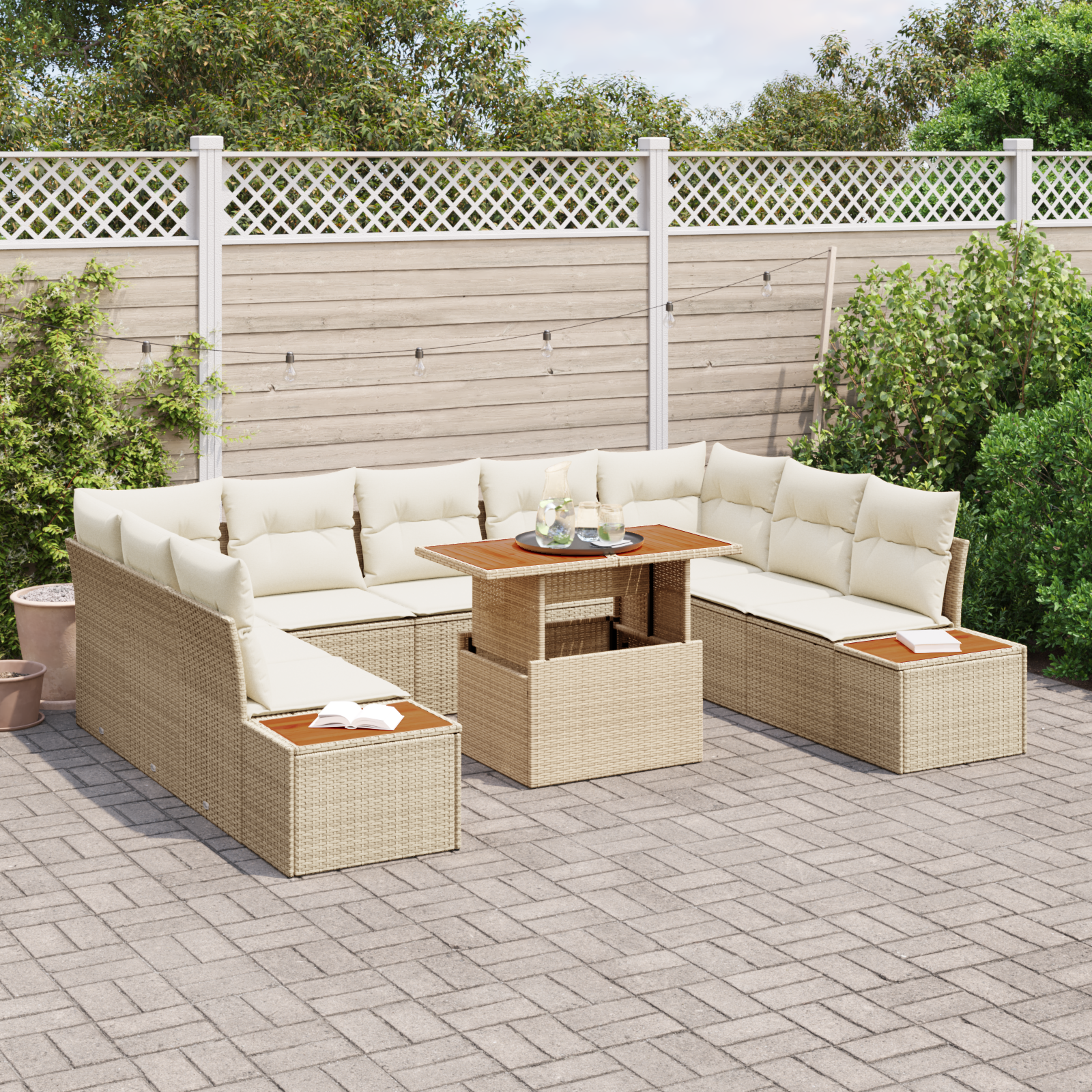 vidaXL 10-delige Tuinset met kussens poly rattan acaciahout beige