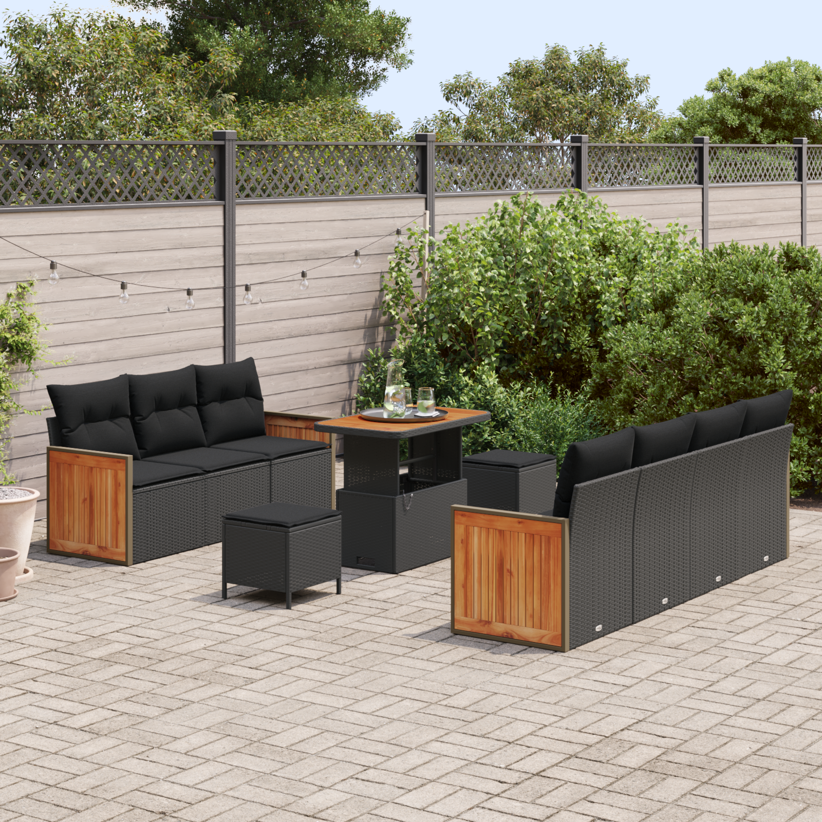 vidaXL 10-delige Tuinset met Kussens Zwart Poly Rattan Acacia