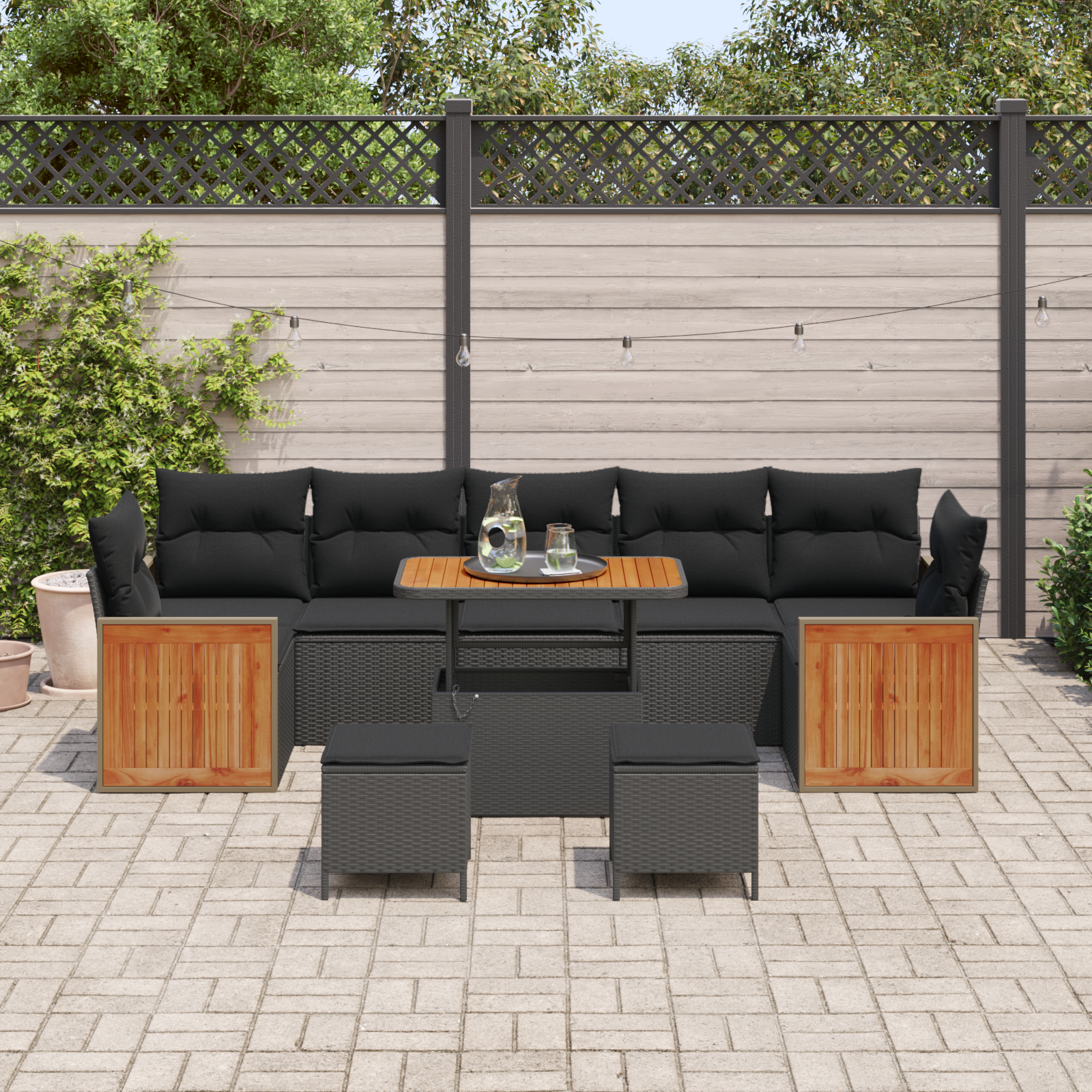 vidaXL 10-delige tuinbankset met kussens - zwart poly rattan en acacia