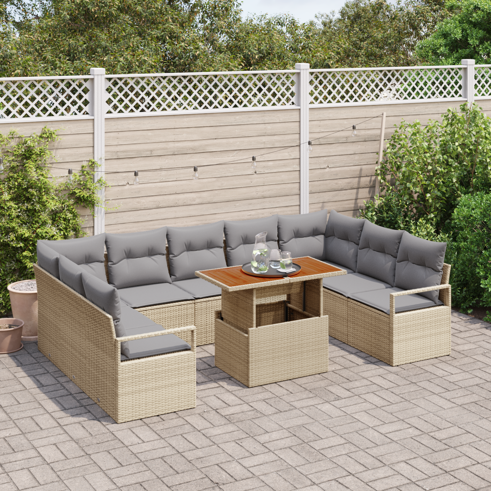 vidaXL 10-delige Tuinbankenset met kussens poly rattan beige